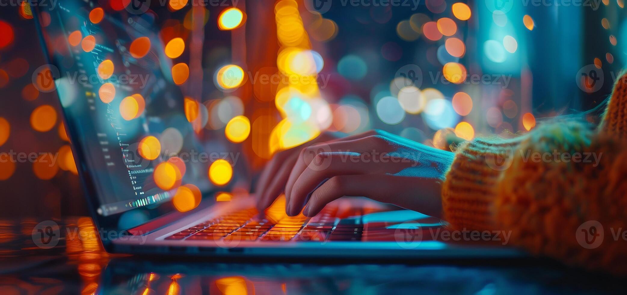 A person typing on a laptop computer with lights behind them photo