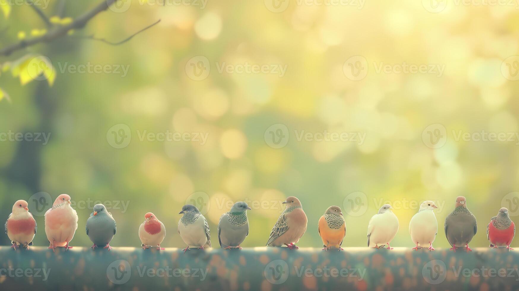 Many birds are sitting on a pipe in front of a tree photo