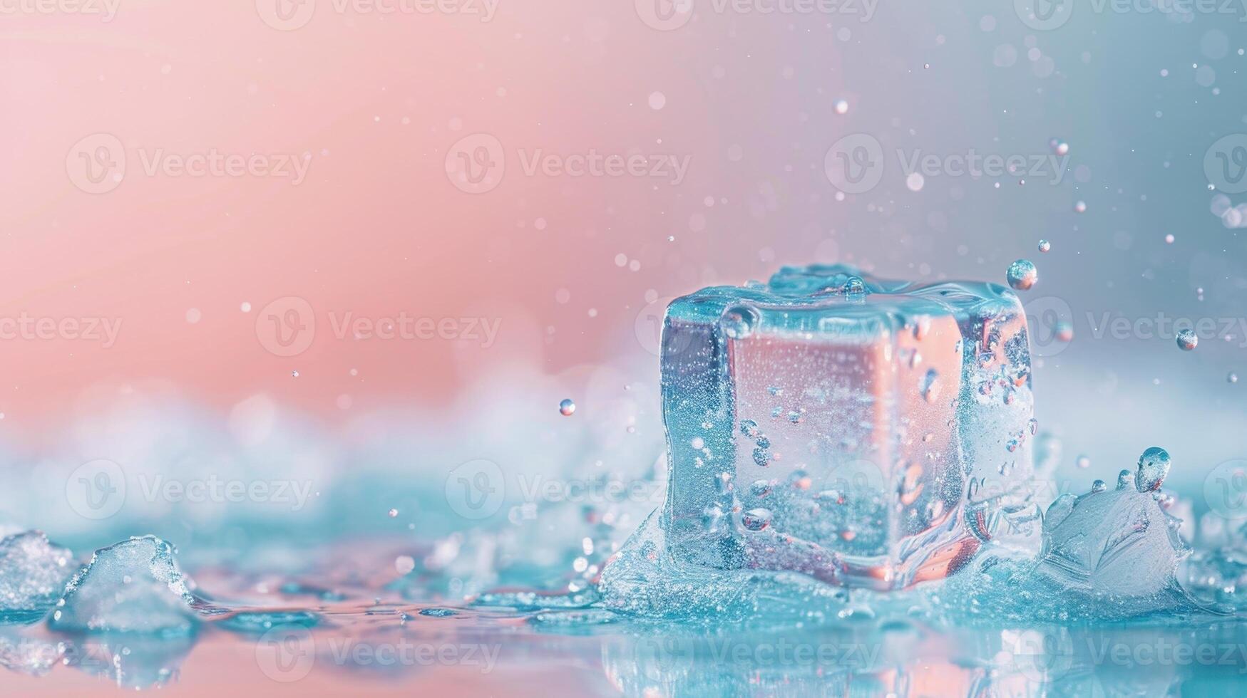 Ice cube in water with water droplets photo