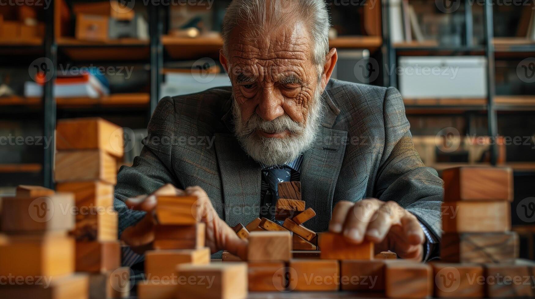 An old man playing with wooden blocks photo