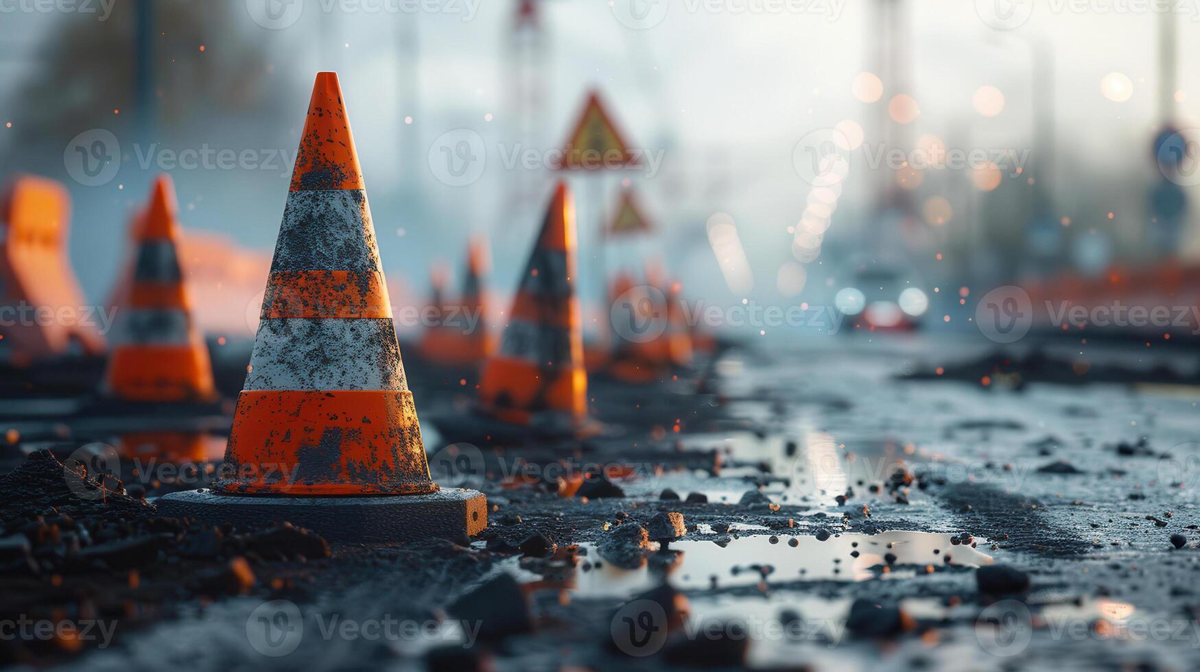 Construction cones on a wet road photo