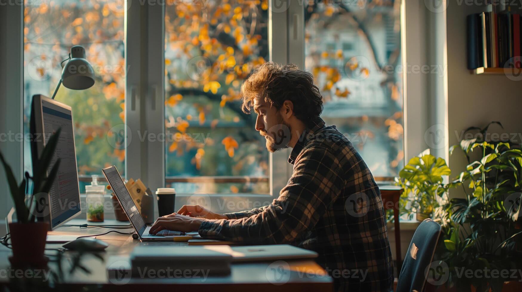 A man is sitting at a desk in front of a computer photo