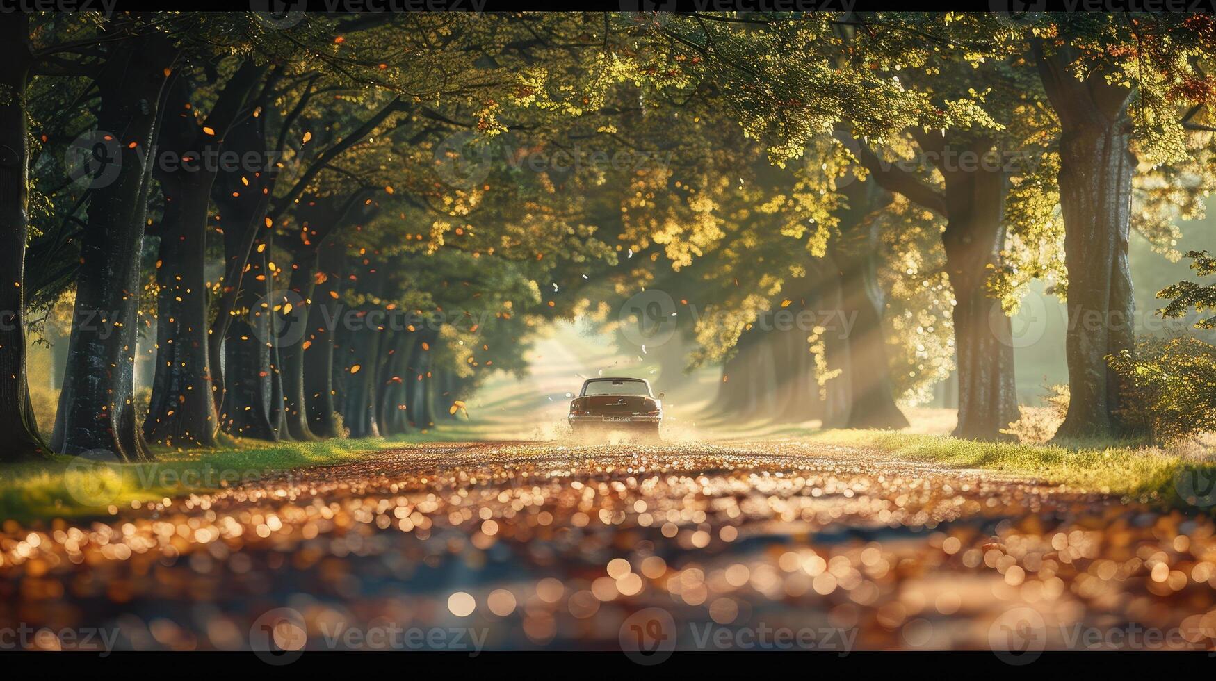 Autumn road, car, trees, light, light, light, light, light, light photo