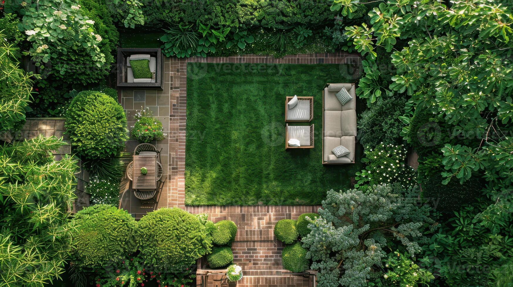 An aerial view of a garden with a lawn, trees and a patio photo