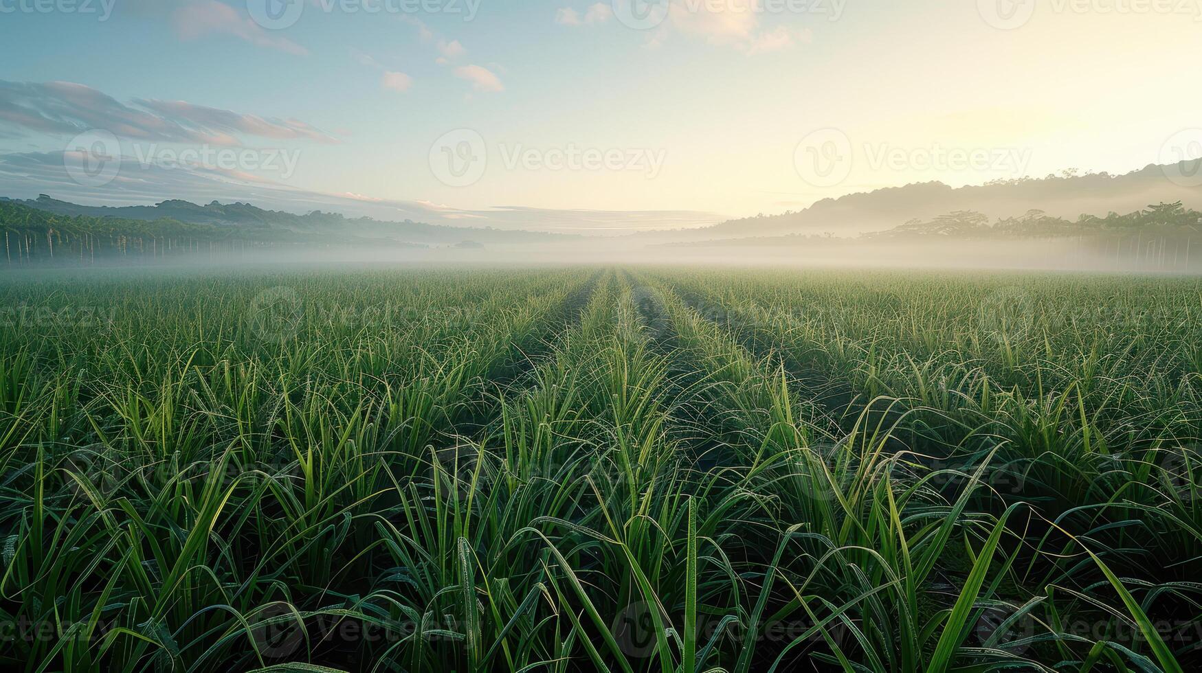 A field of sugar cane with fog in the background photo