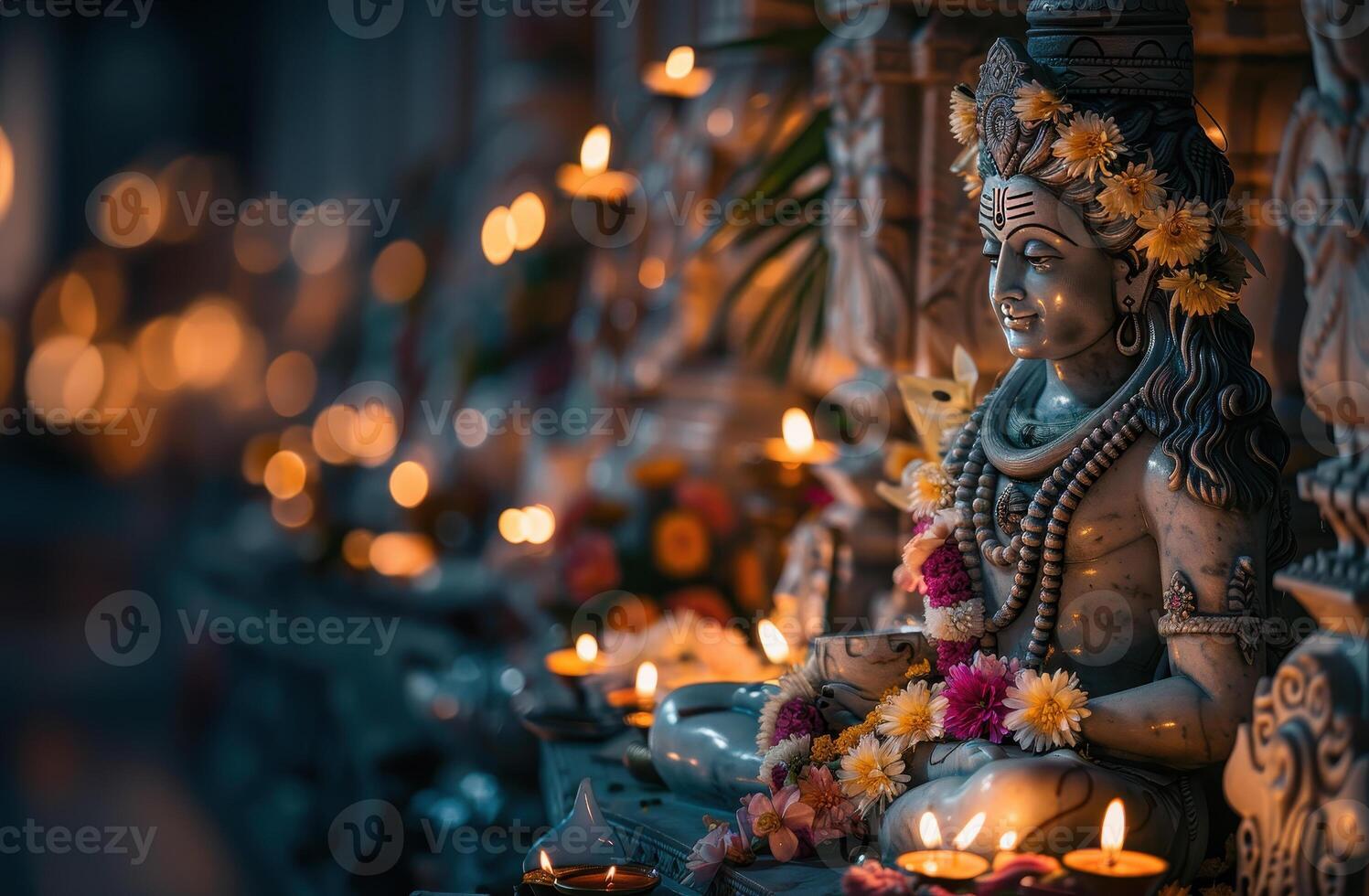 A statue of lord shiva is surrounded by candles photo