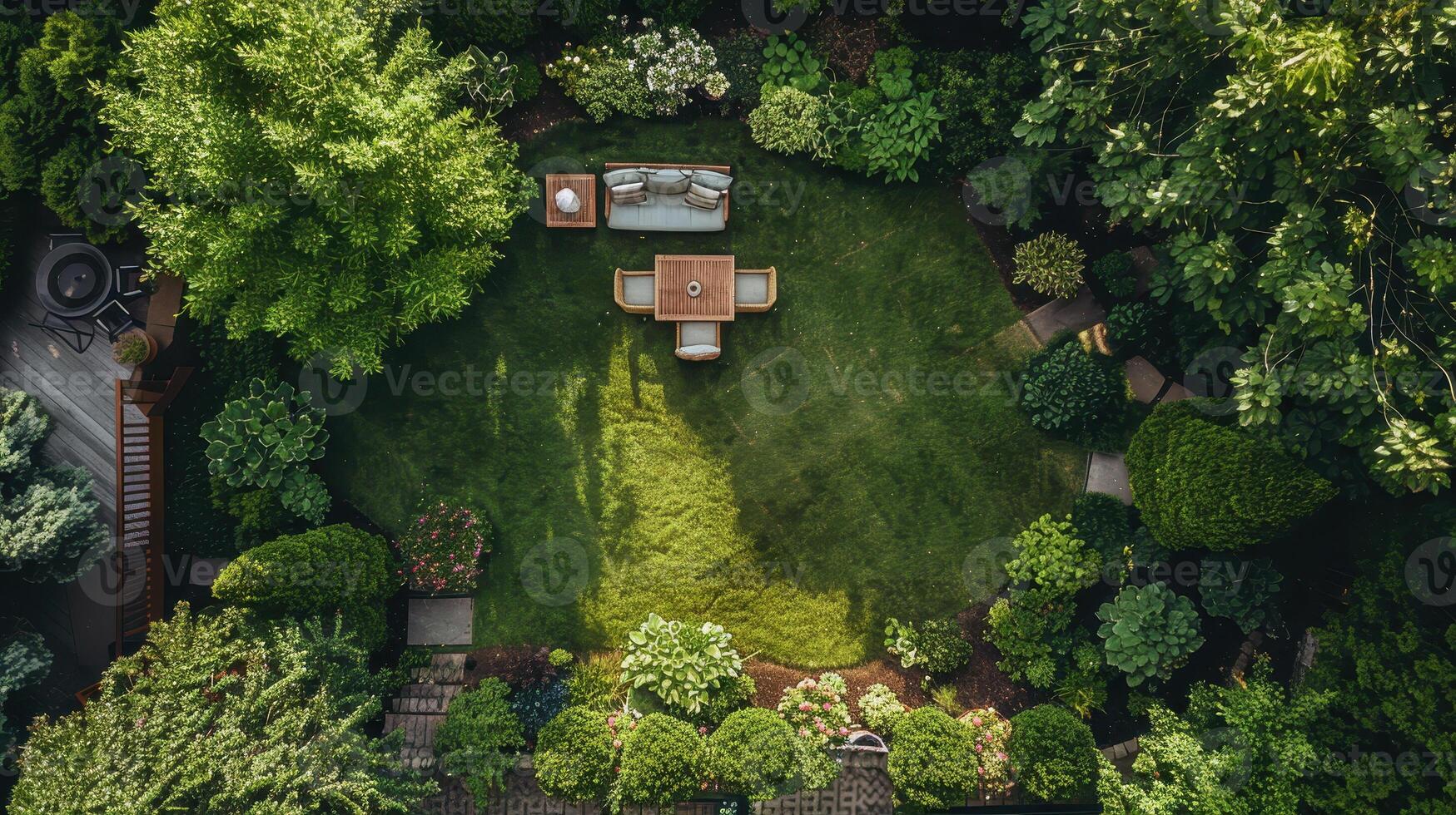 An aerial view of a green garden with a lawn and a table photo