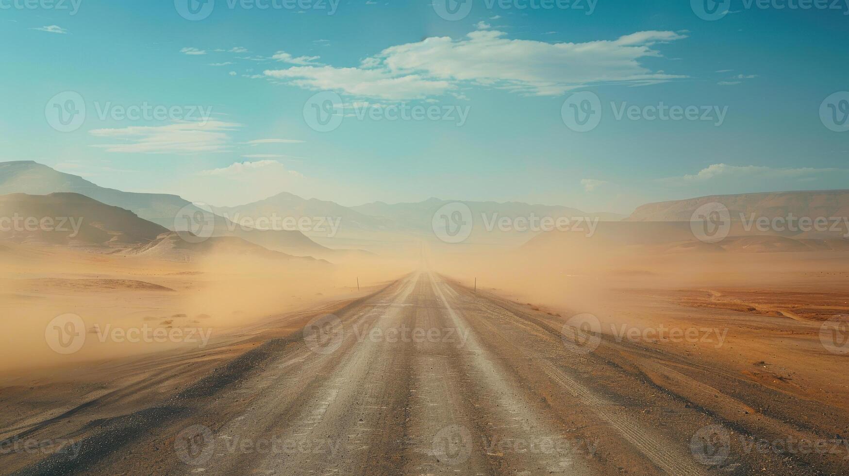 A dirt road in the desert with mountains in the background photo