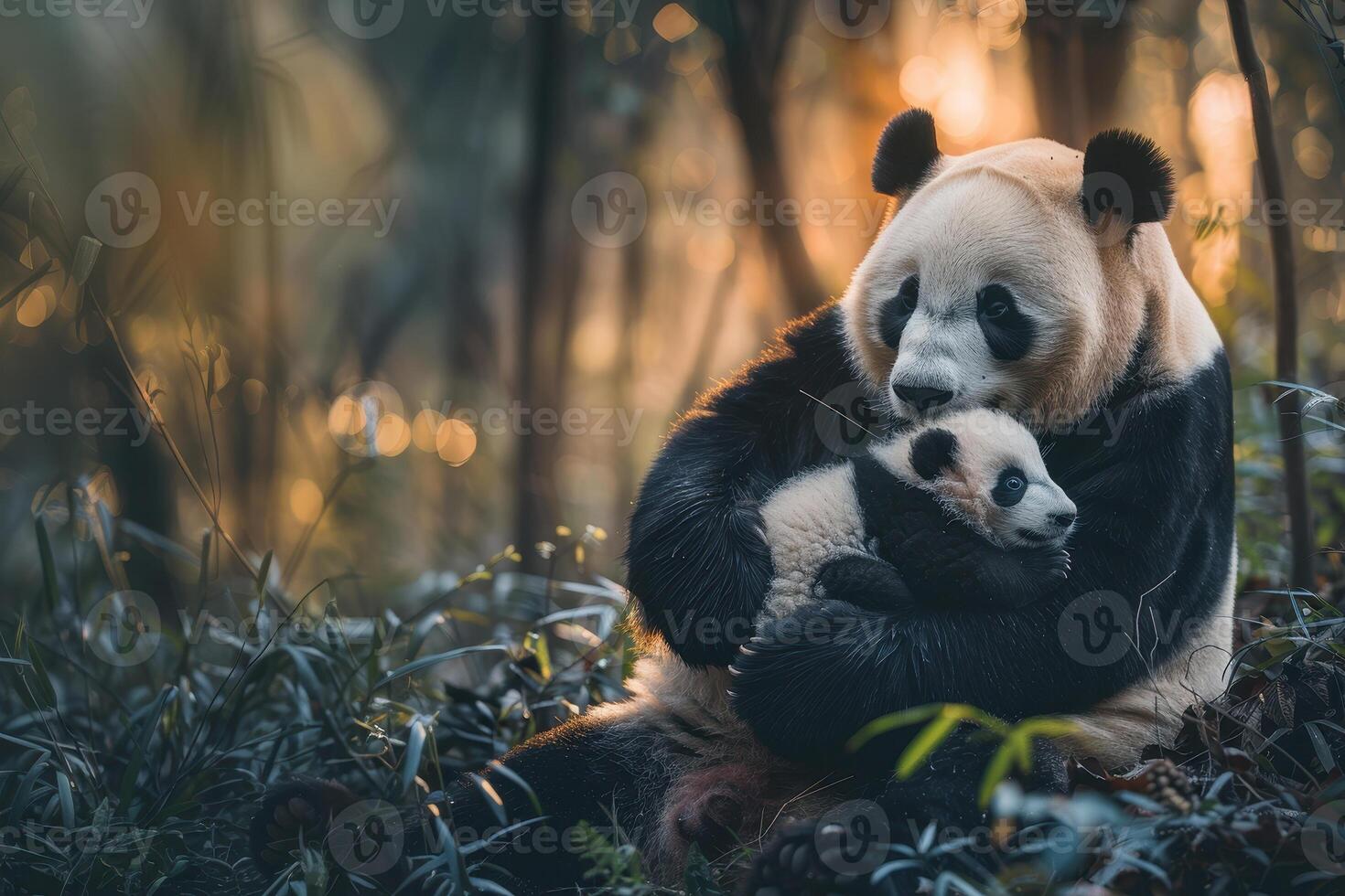 A panda bear and her cub in the forest photo