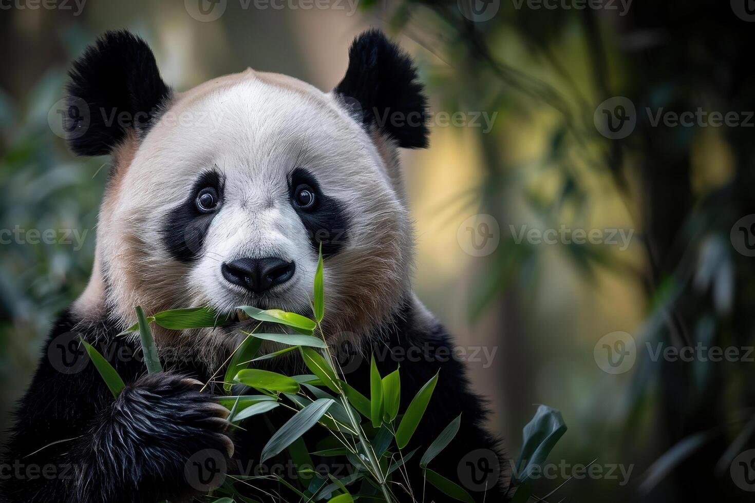 A panda bear eating bamboo in the forest photo