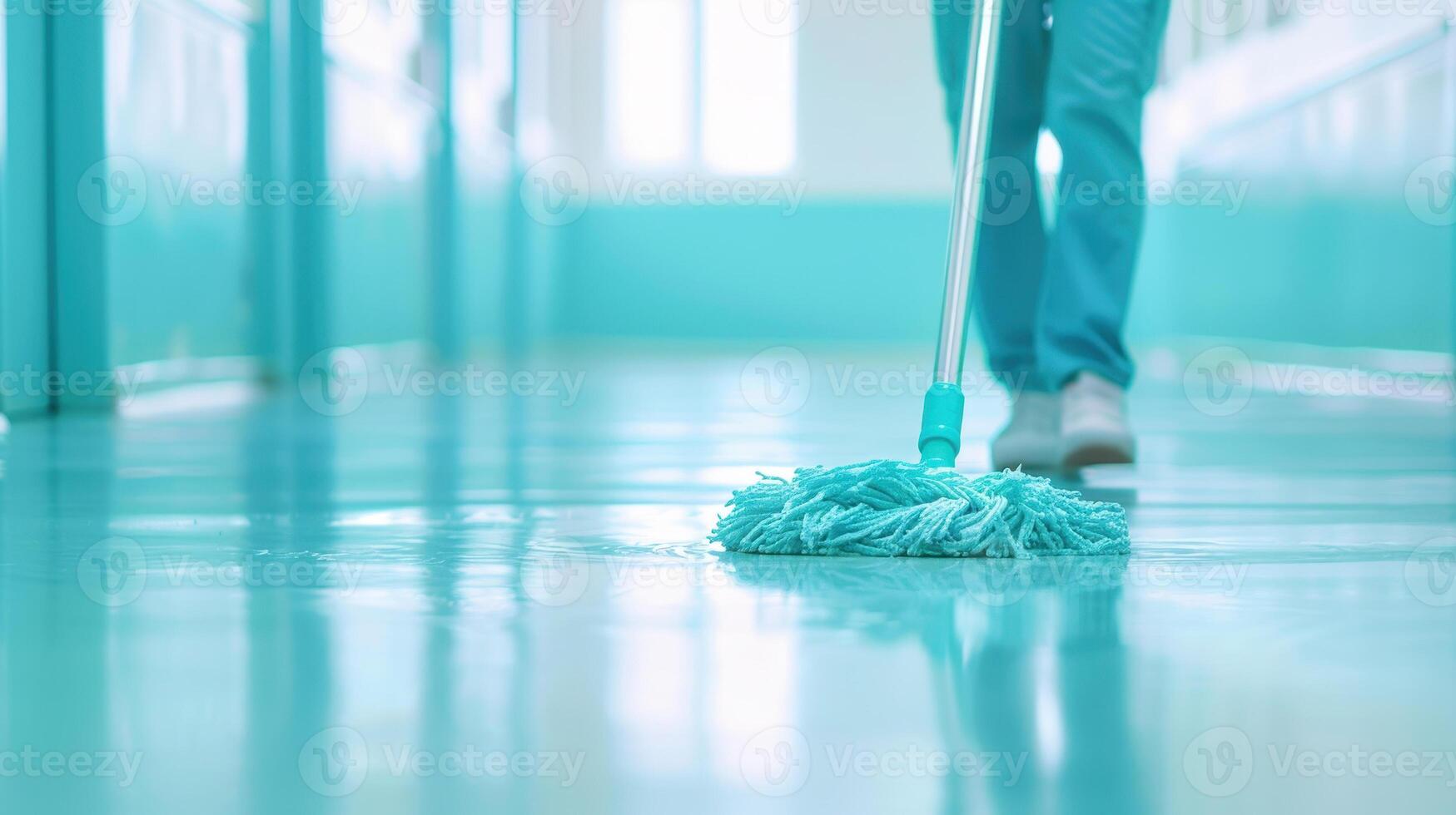 A person in blue scrub suit is cleaning a floor with a mop photo