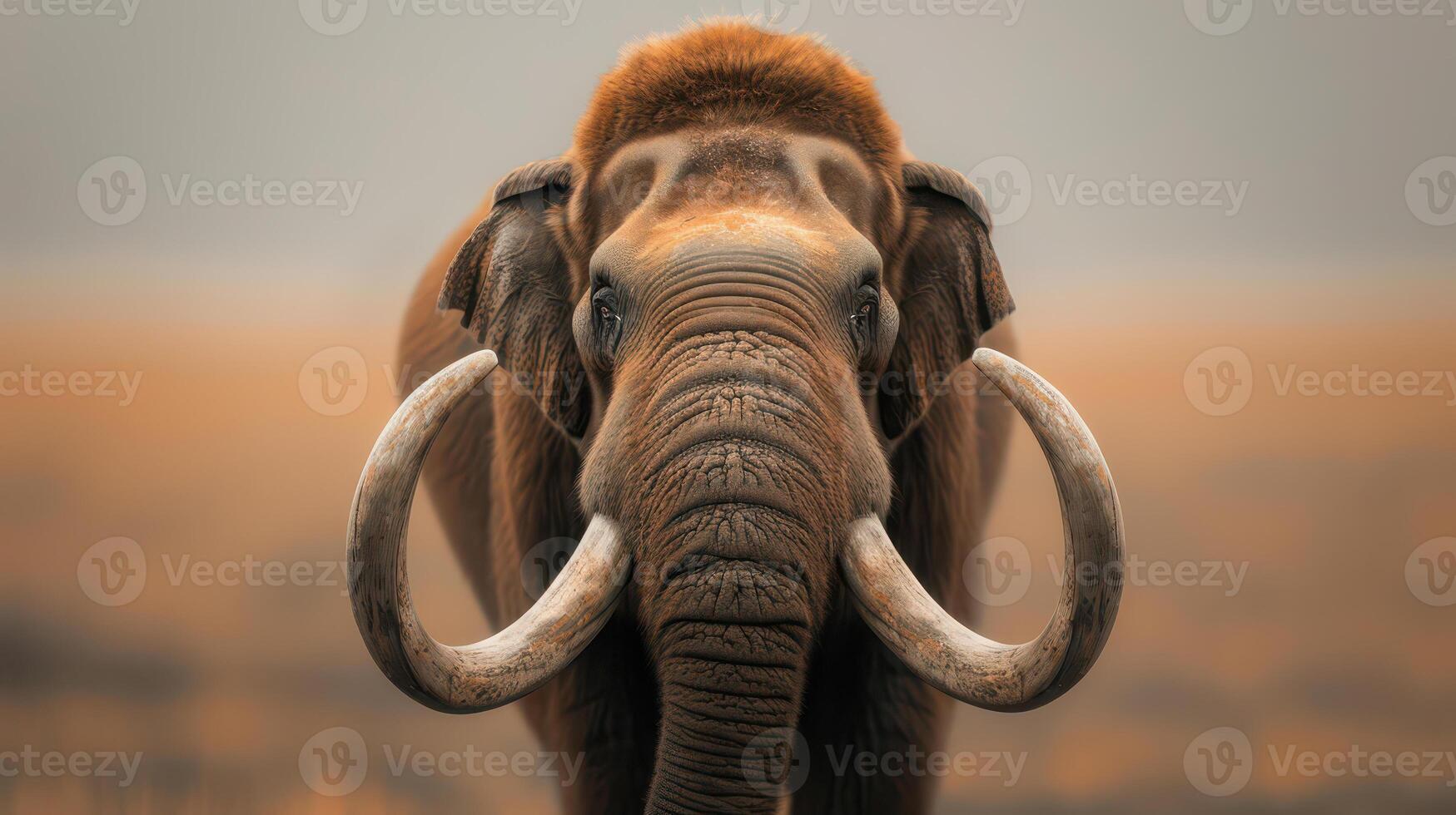 A large elephant with long tusks walking through a field photo