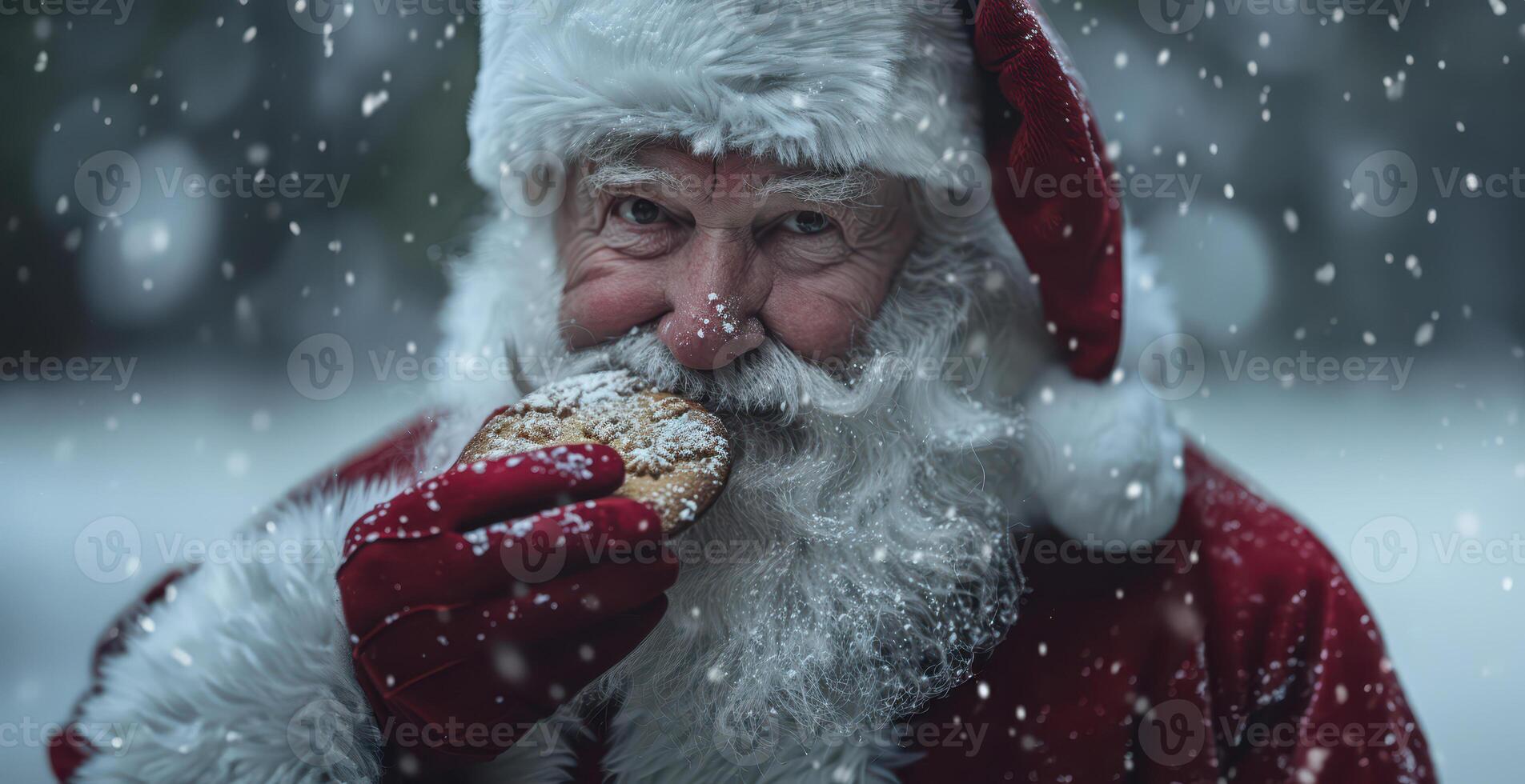 Santa claus eating a cookie in the snow photo