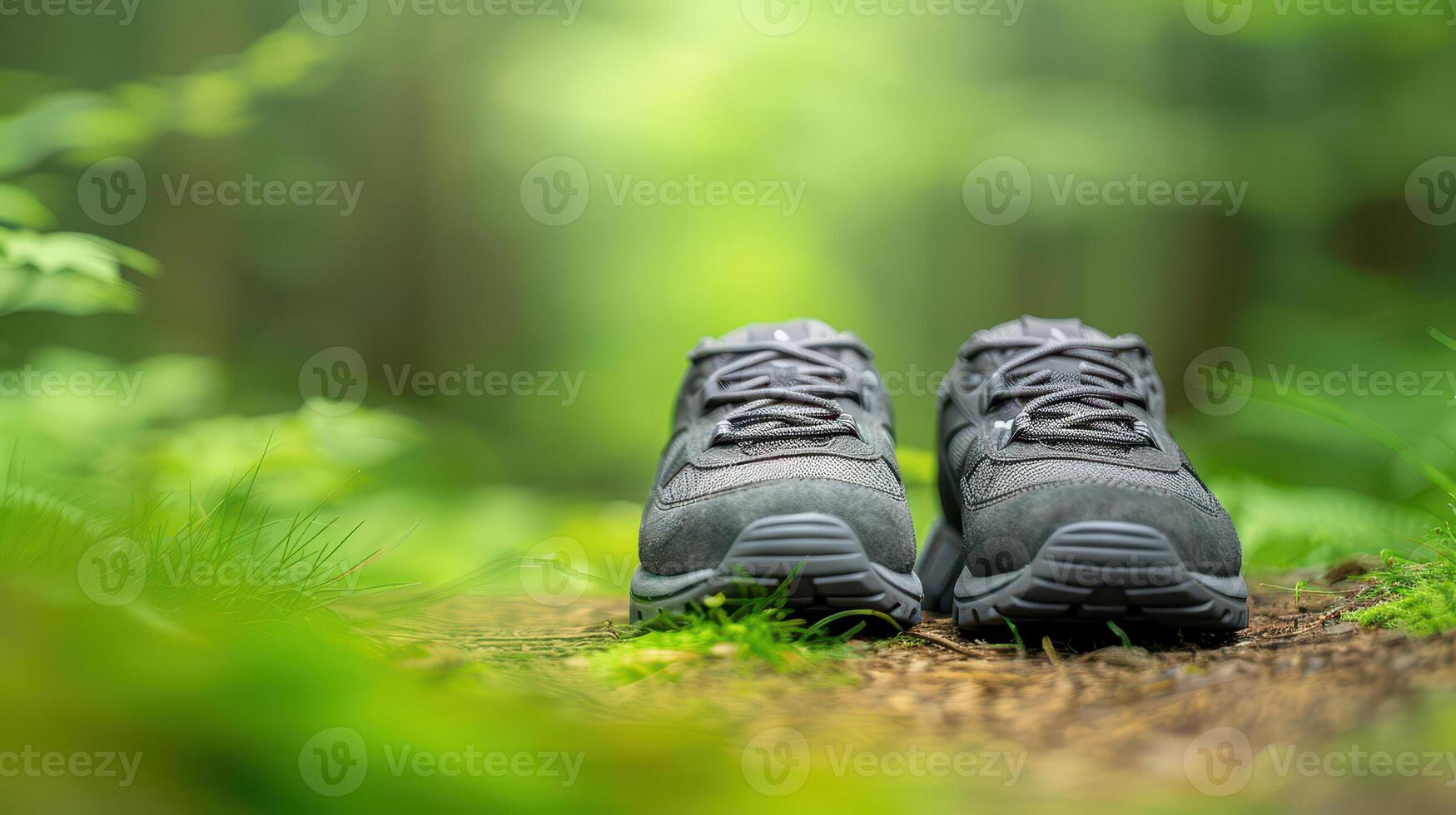 A pair of hiking shoes on the ground in the woods photo