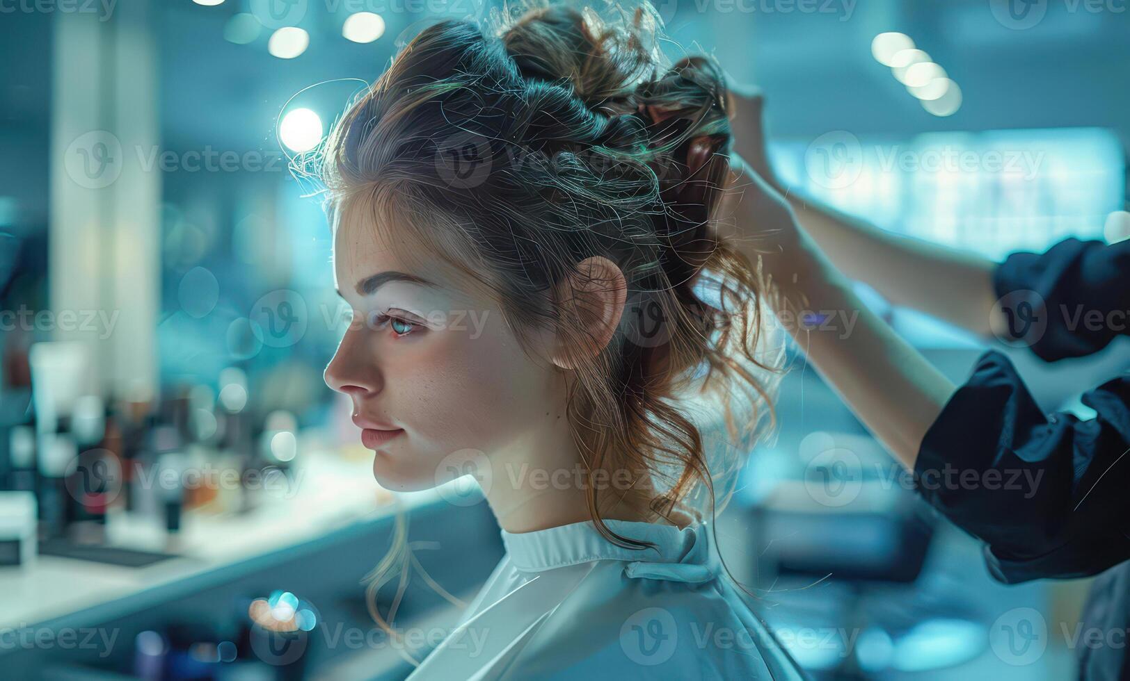 A woman getting her hair done at a salon photo
