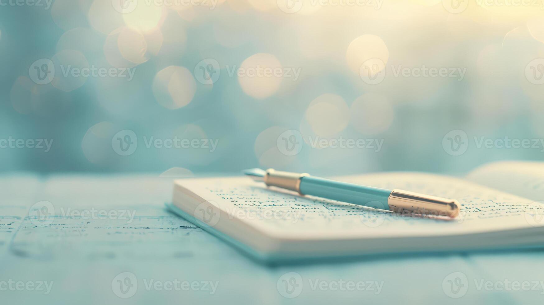 Pen and notebook on a wooden table with bokeh background photo