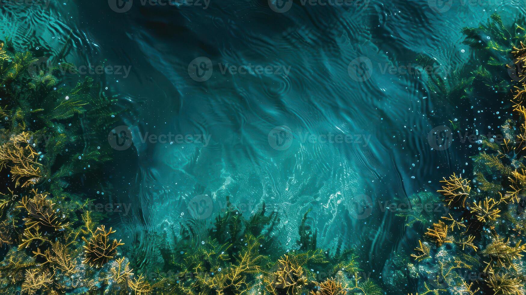 A view of the ocean from above with green algae photo