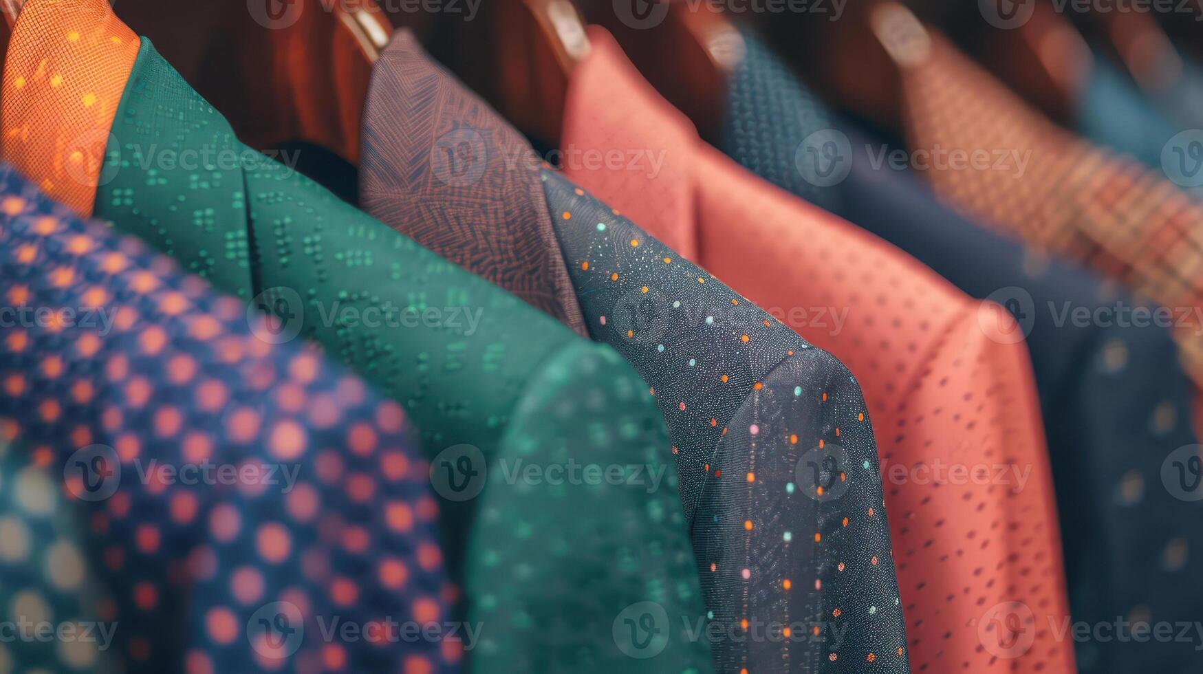 A row of colorful suits hanging on a rack photo