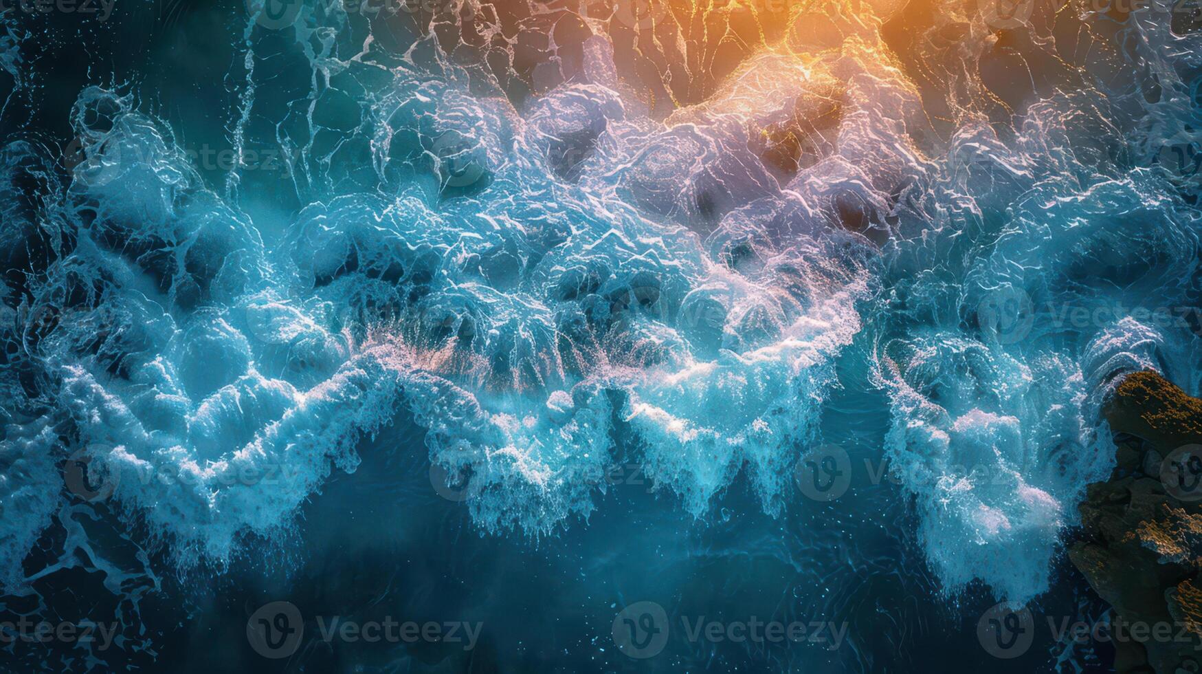An aerial view of the ocean with waves and sun photo
