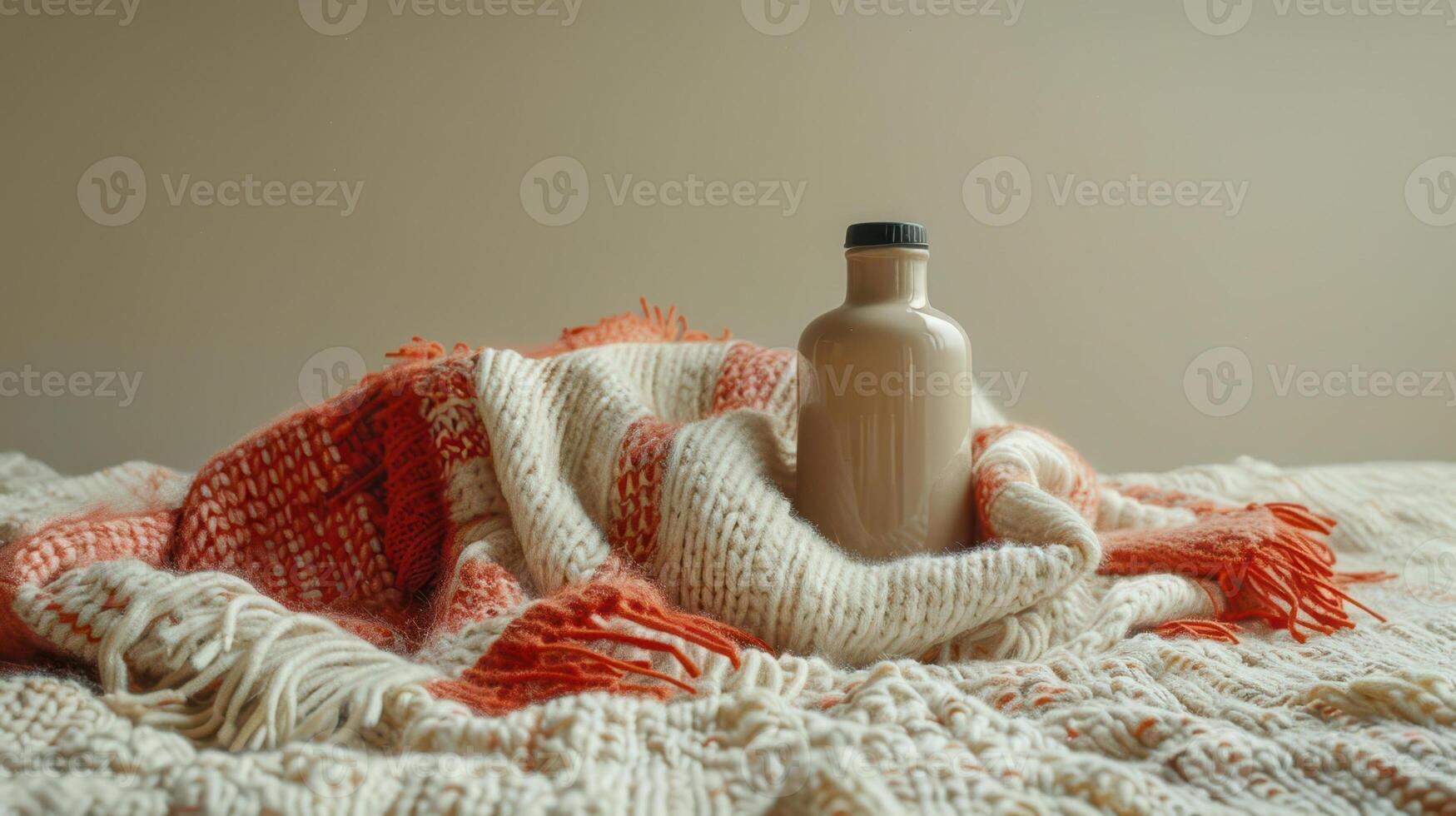 A bottle of milk sits on a blanket photo