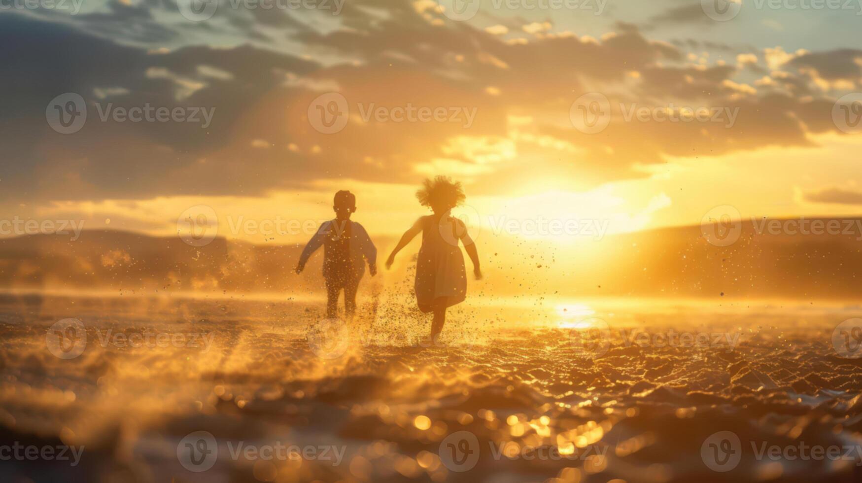 Two children running on the beach at sunset photo