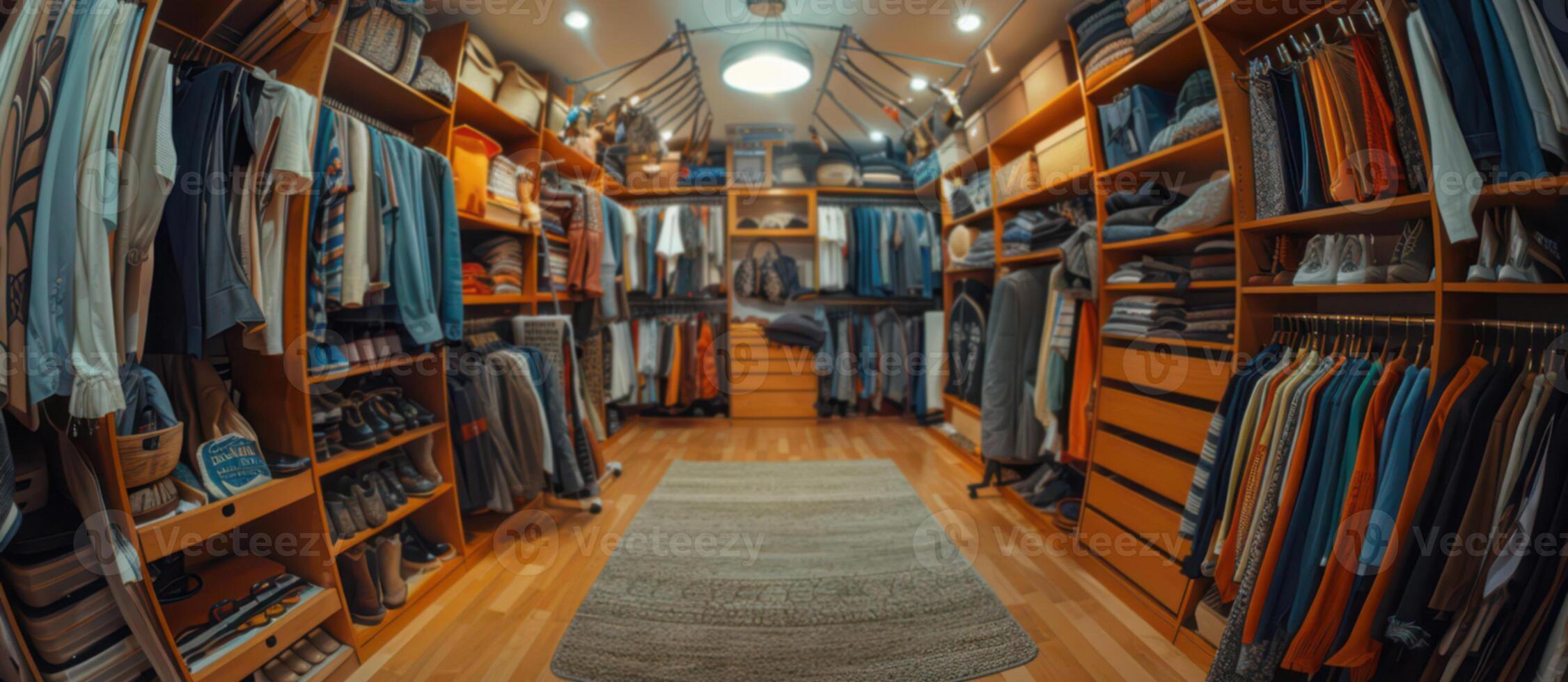 A walk - in closet with many clothes and shoes photo