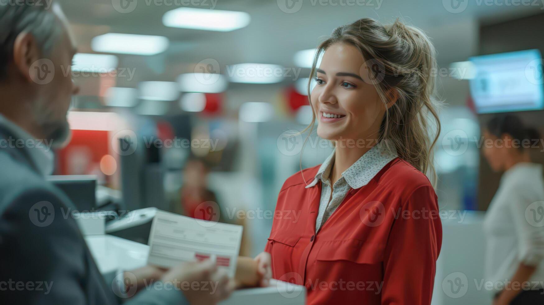 A woman is handing a check to a man photo