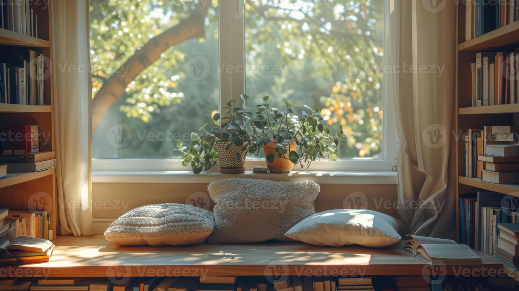 A window seat with a potted plant and books photo