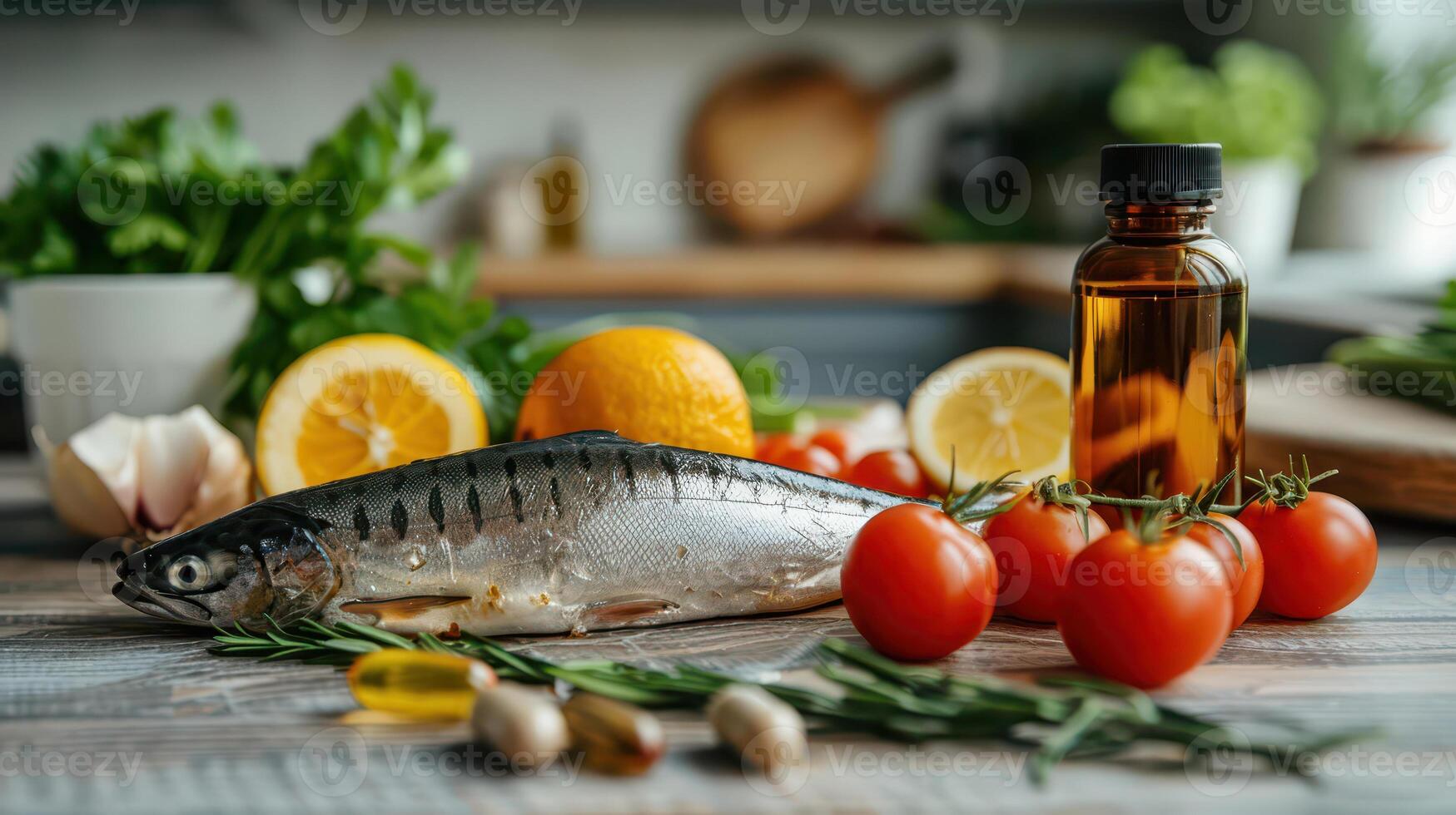 Fish, olive oil and herbs on a table photo