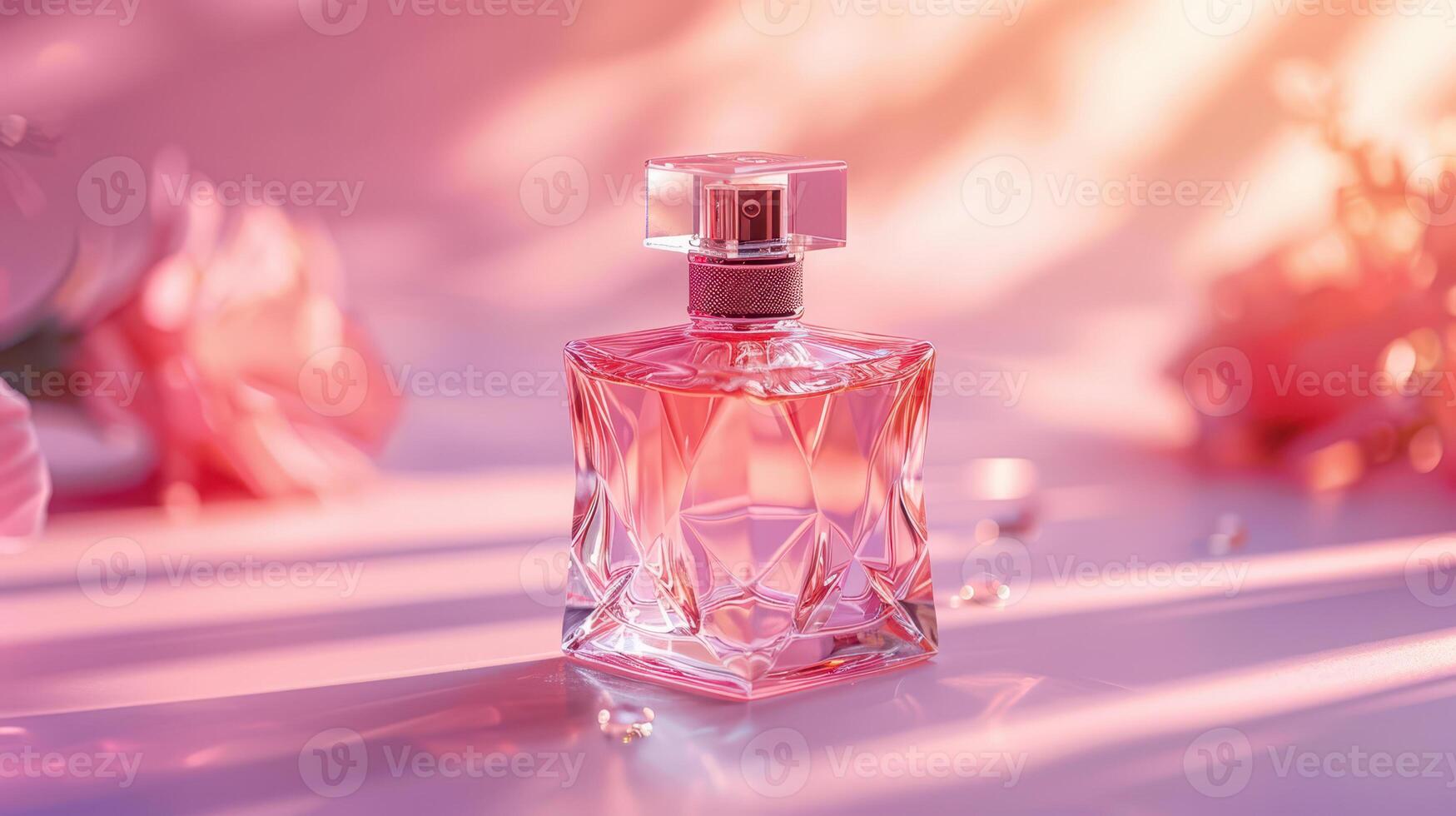 A perfume bottle with pink flowers on a table photo