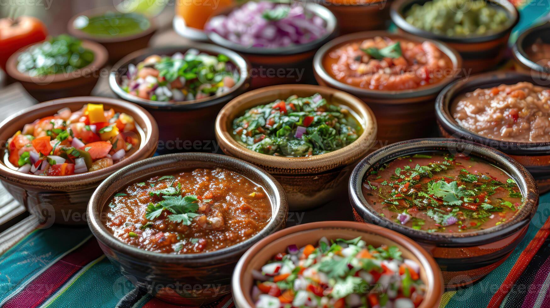 A variety of different types of salsa in bowls photo