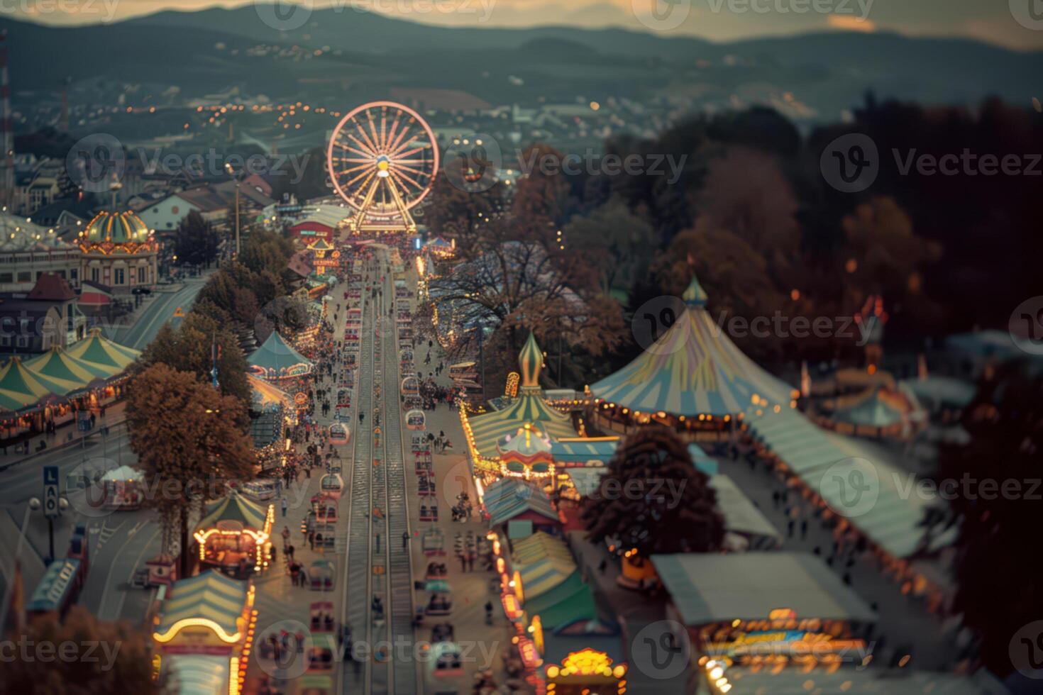 A view of a carnival with a ferris wheel photo