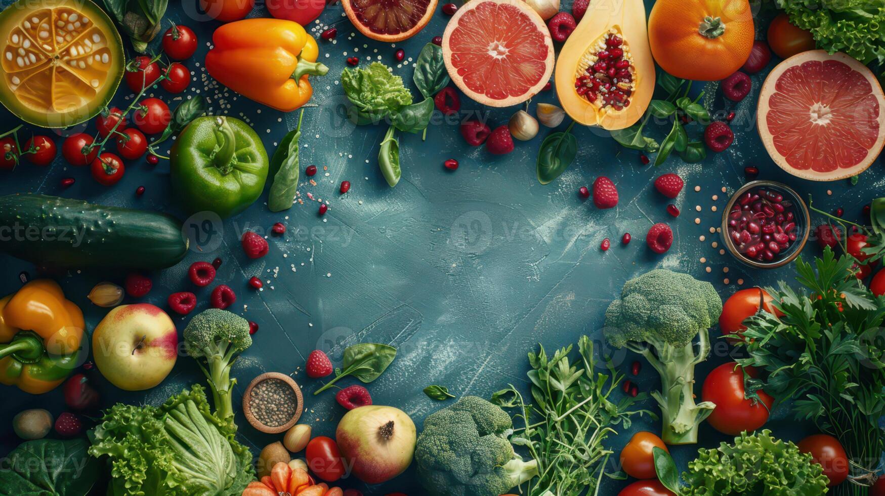 A circular frame with various fruits and vegetables photo