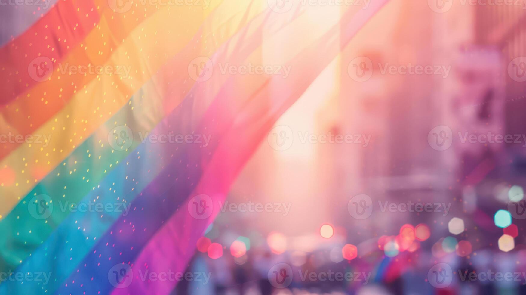 A rainbow flag is seen in the background of a city photo