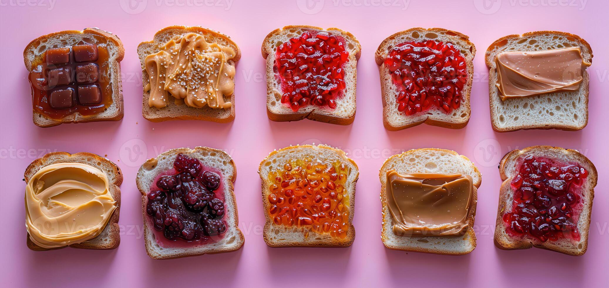A variety of peanut butter and jelly sandwiches on a pink background photo