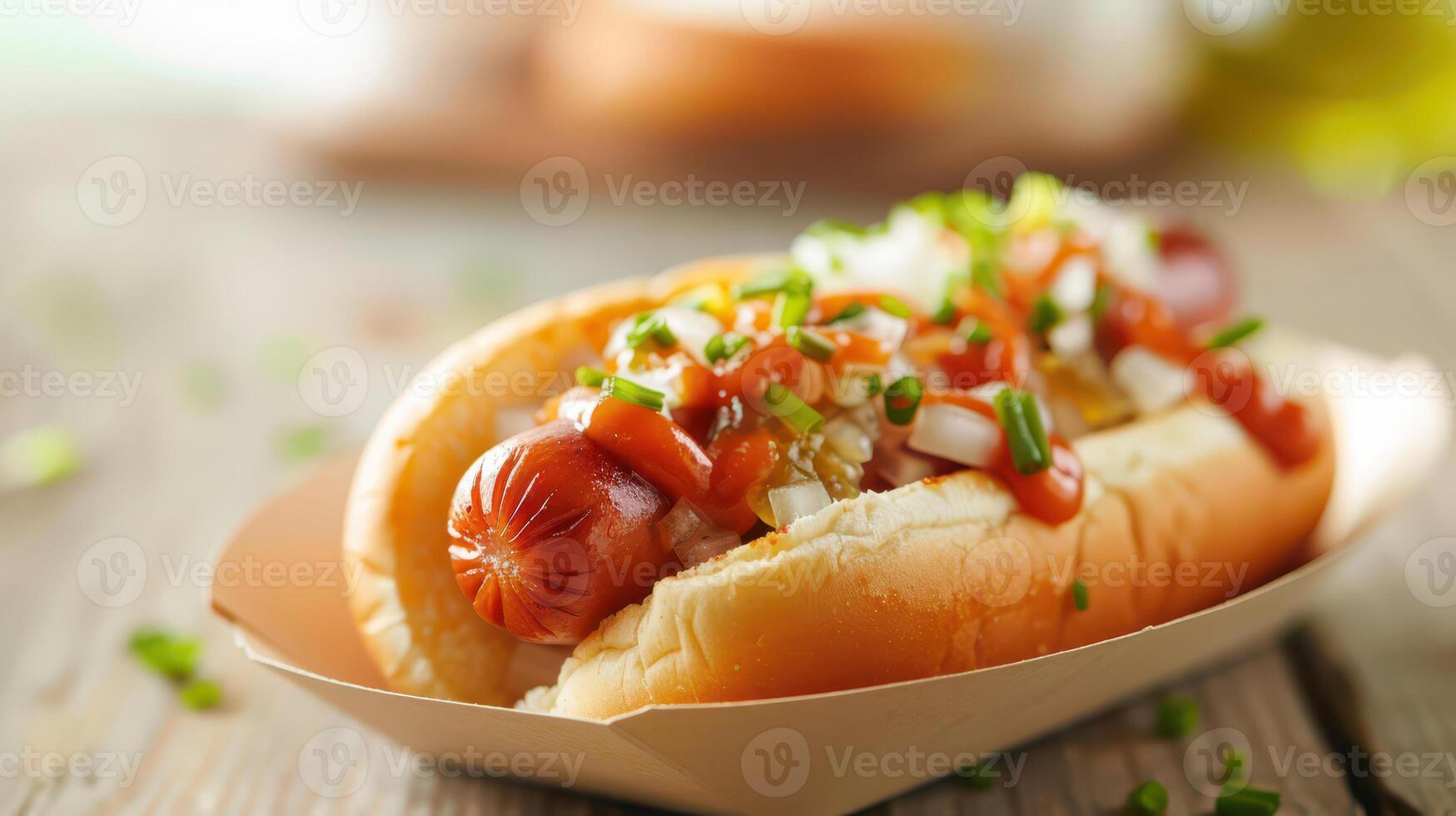 A hot dog with ketchup and onions on a wooden table photo