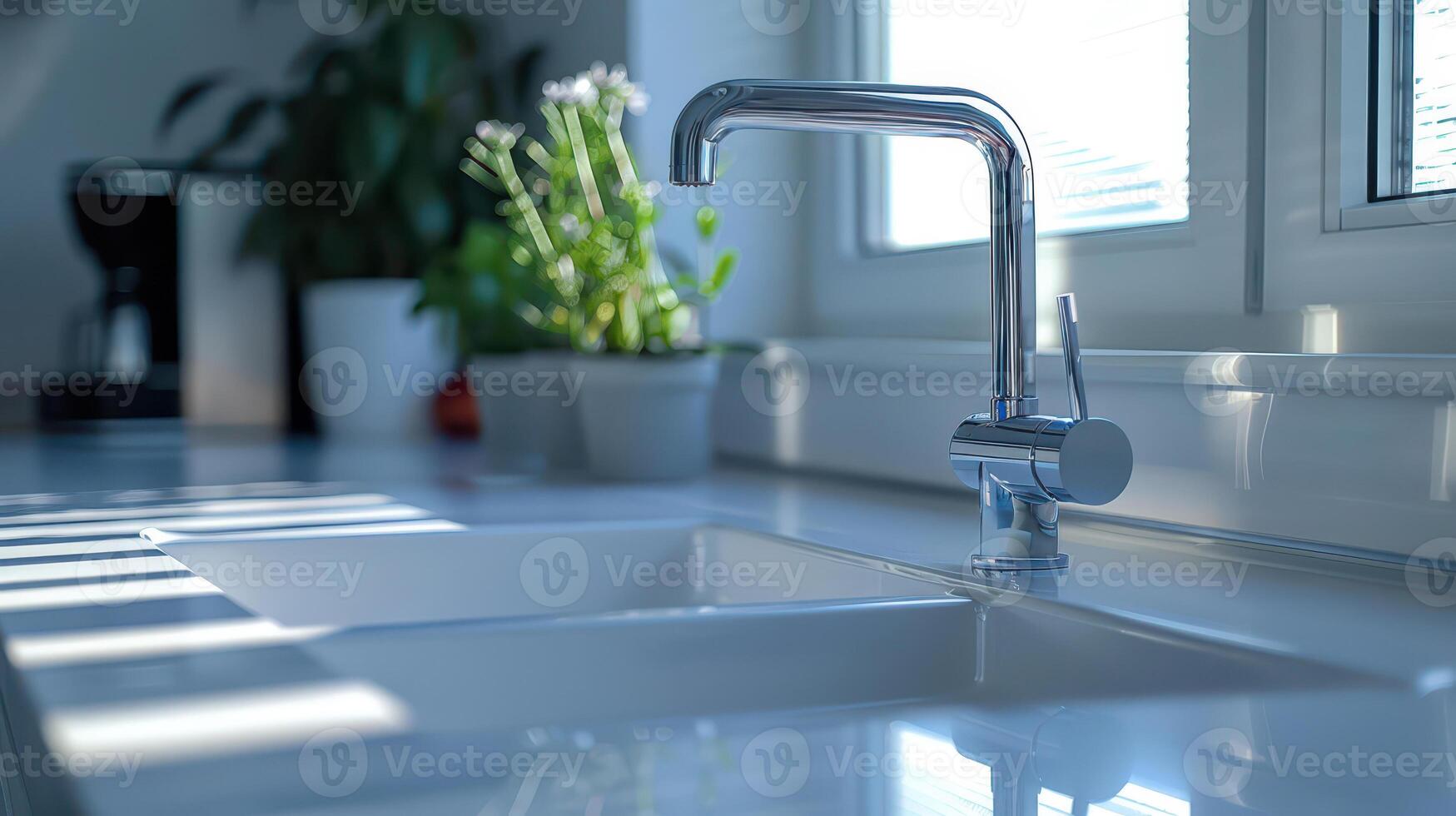 A kitchen sink with a faucet and a plant photo