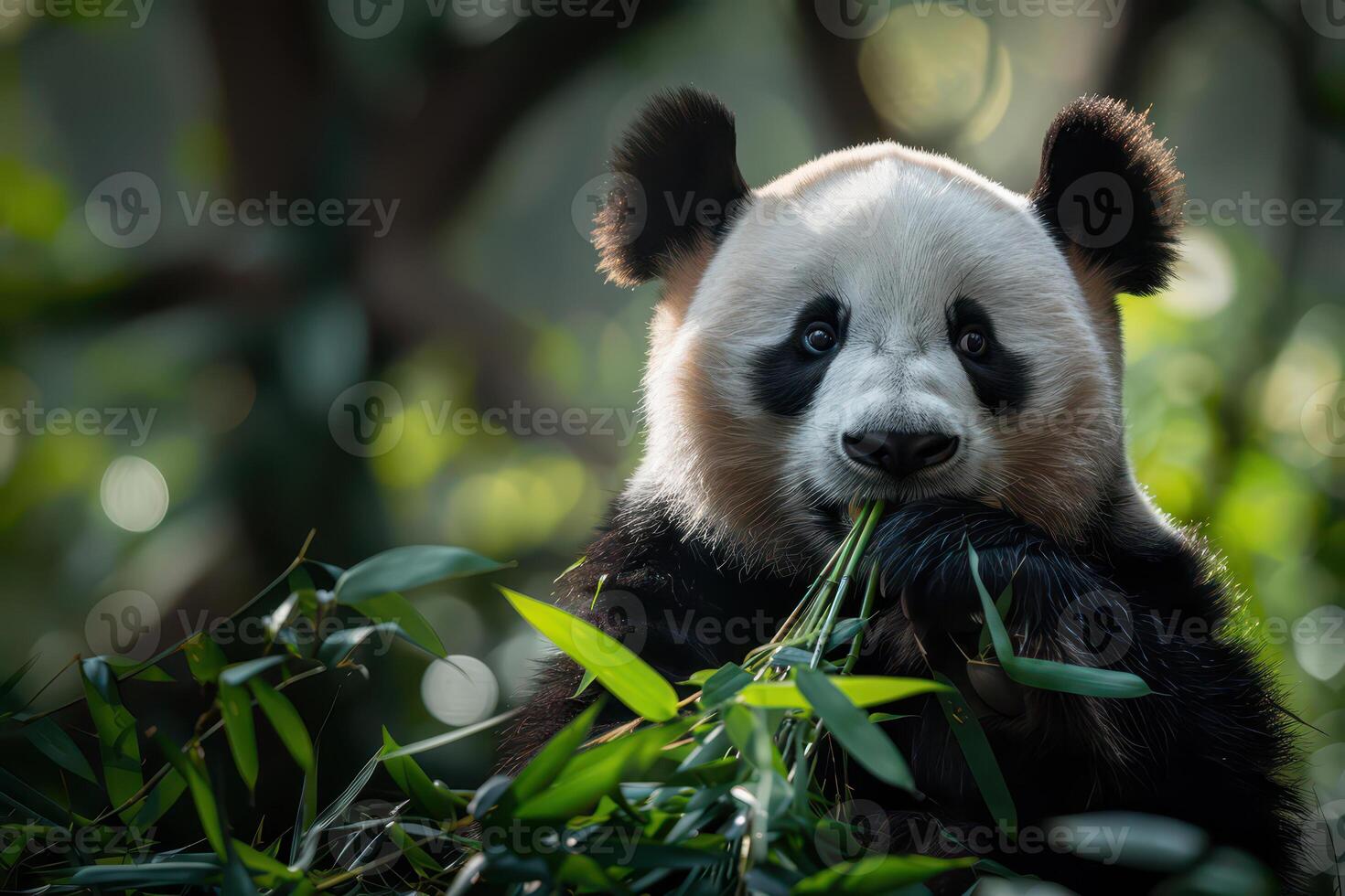 A panda bear eating some bamboo photo