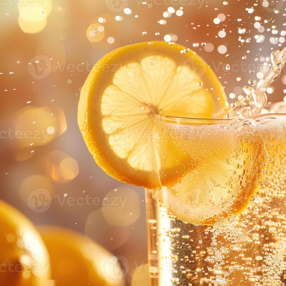 Lemonade with sparkling water and lemon slices photo