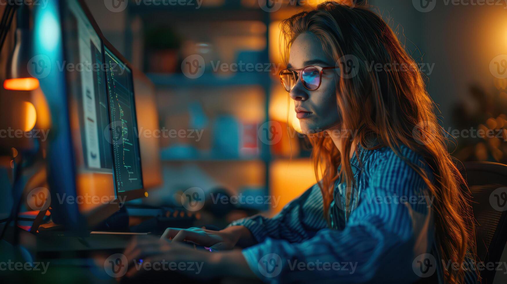 A woman in glasses is working on a computer photo
