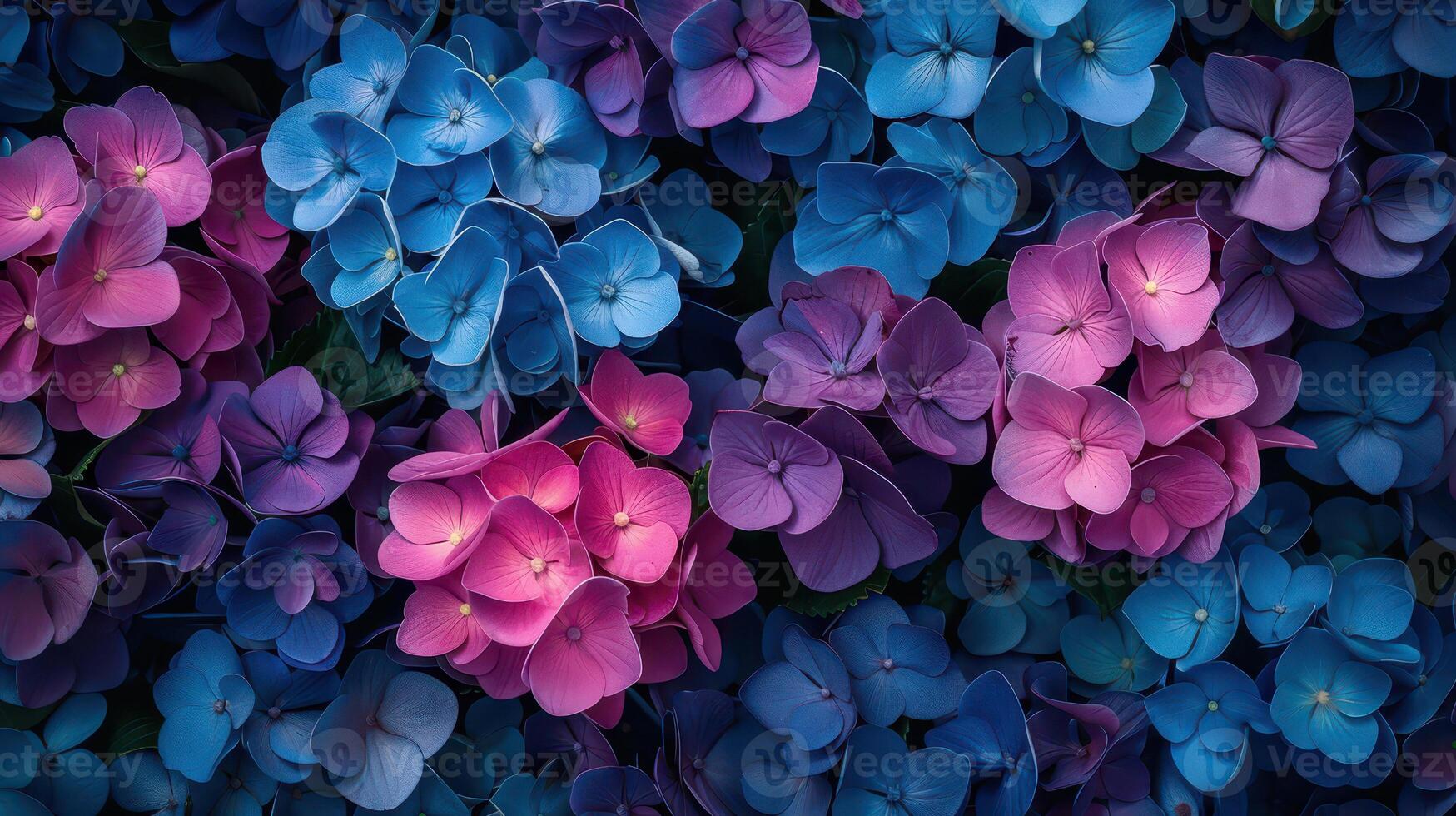 A close up of a bunch of blue and pink flowers photo