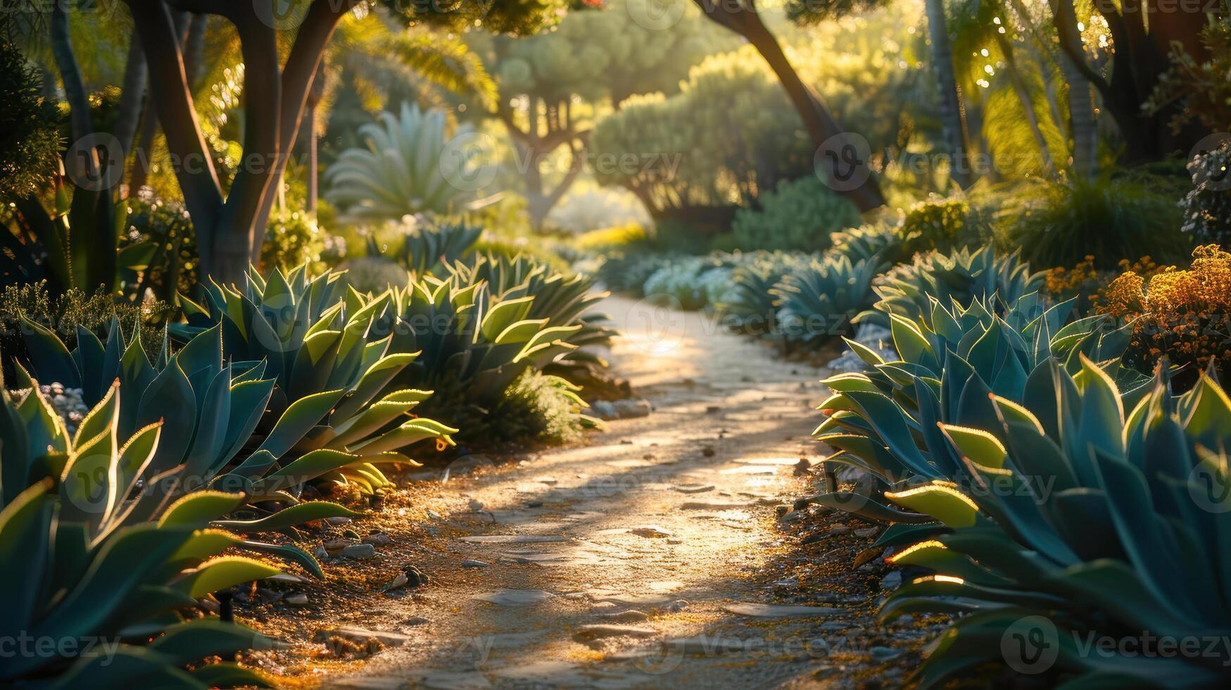 A path through a lush green garden with plants photo