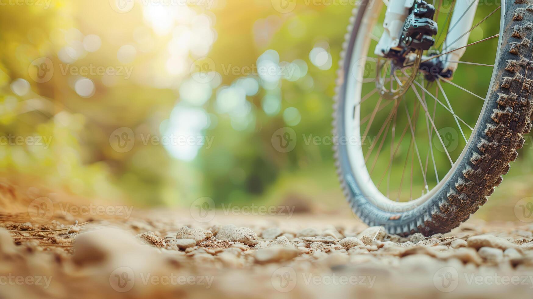 A bicycle wheel is seen on a dirt road photo