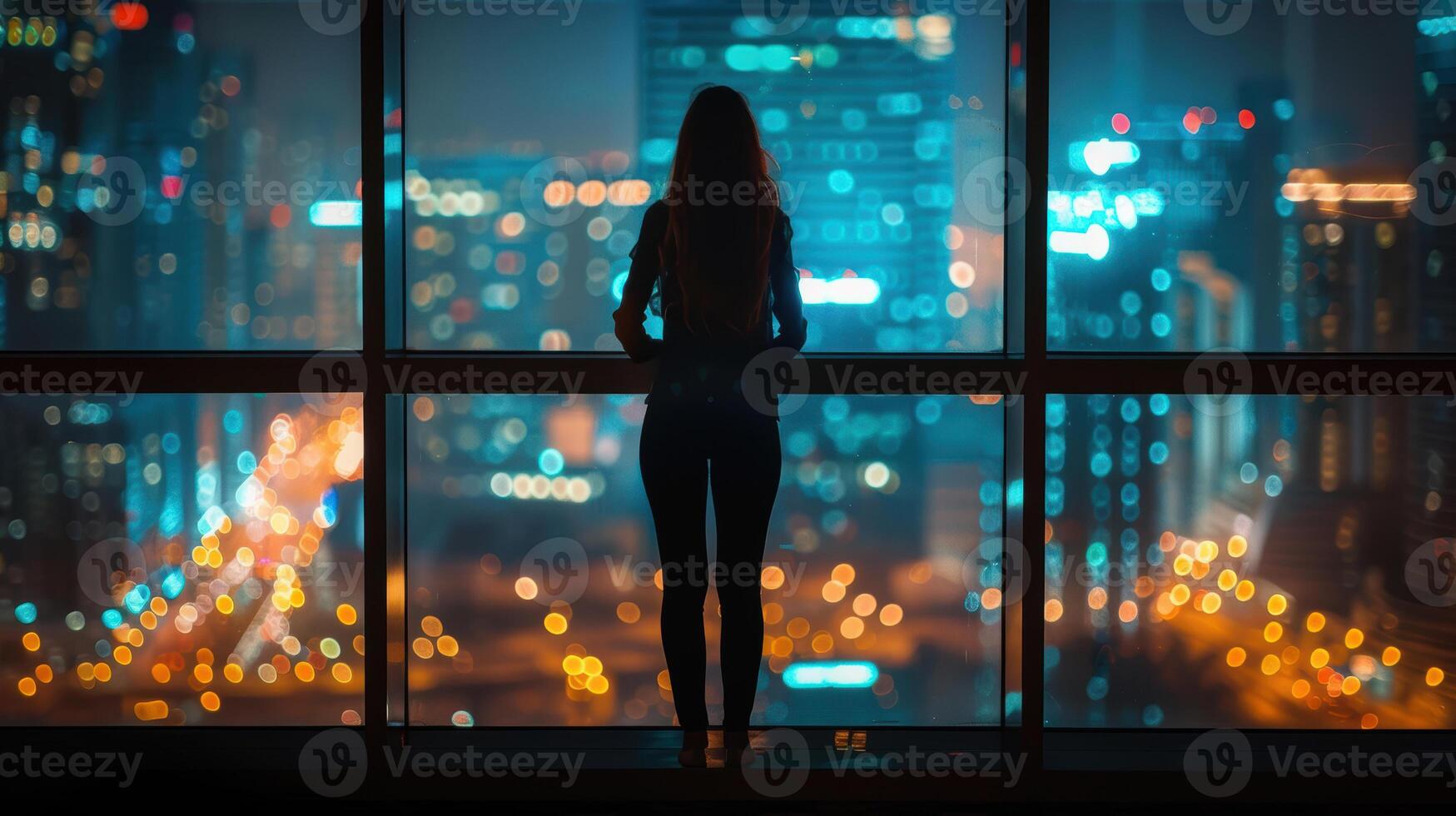 A woman standing in front of a window looking out at the city at night photo