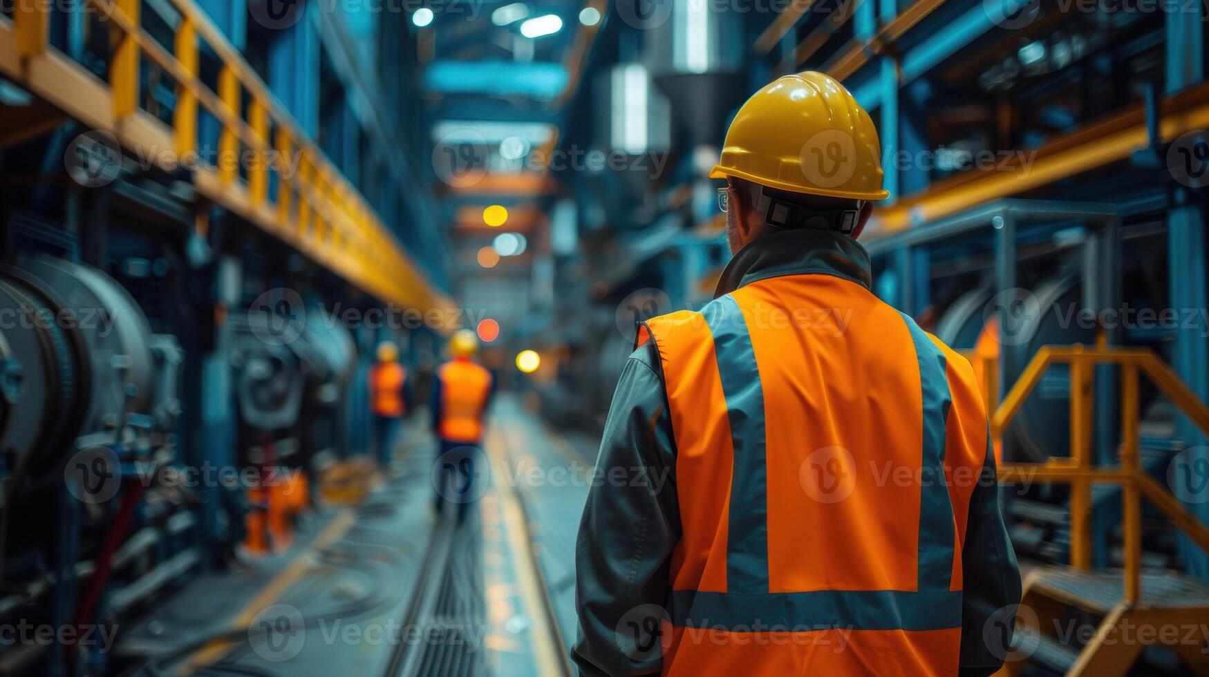 A man in an orange vest and hard hat standing in a factory photo