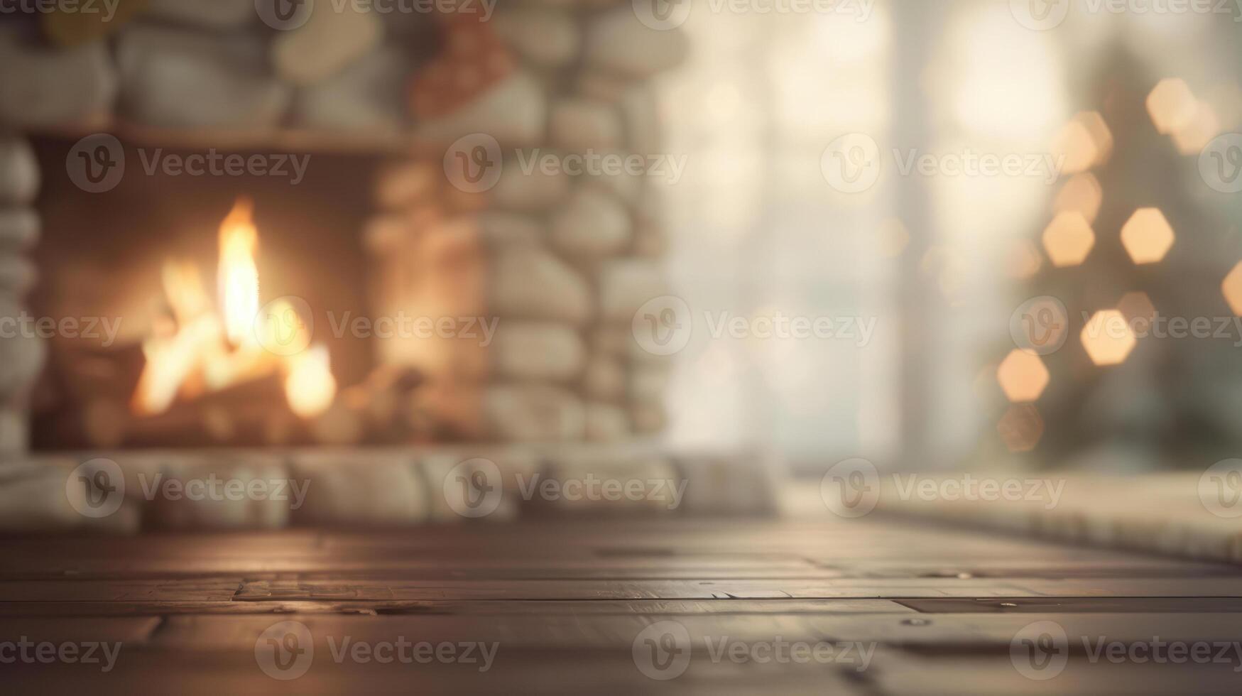 A fireplace with a christmas tree in the background photo
