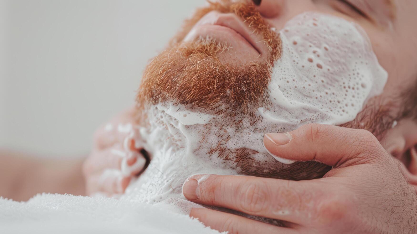 A man shaving his beard with a foam photo