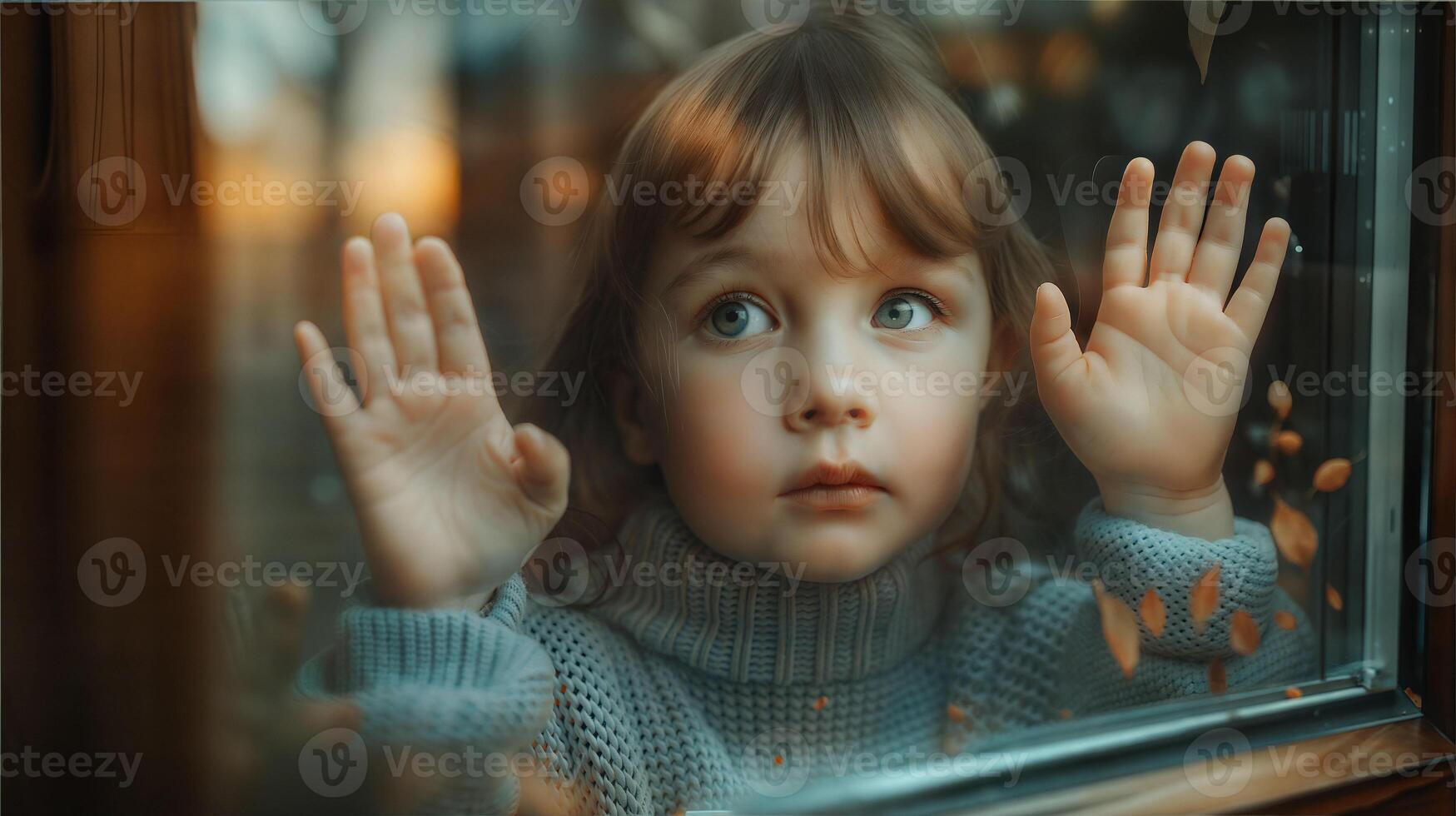 A little girl looking out the window with her hands up photo
