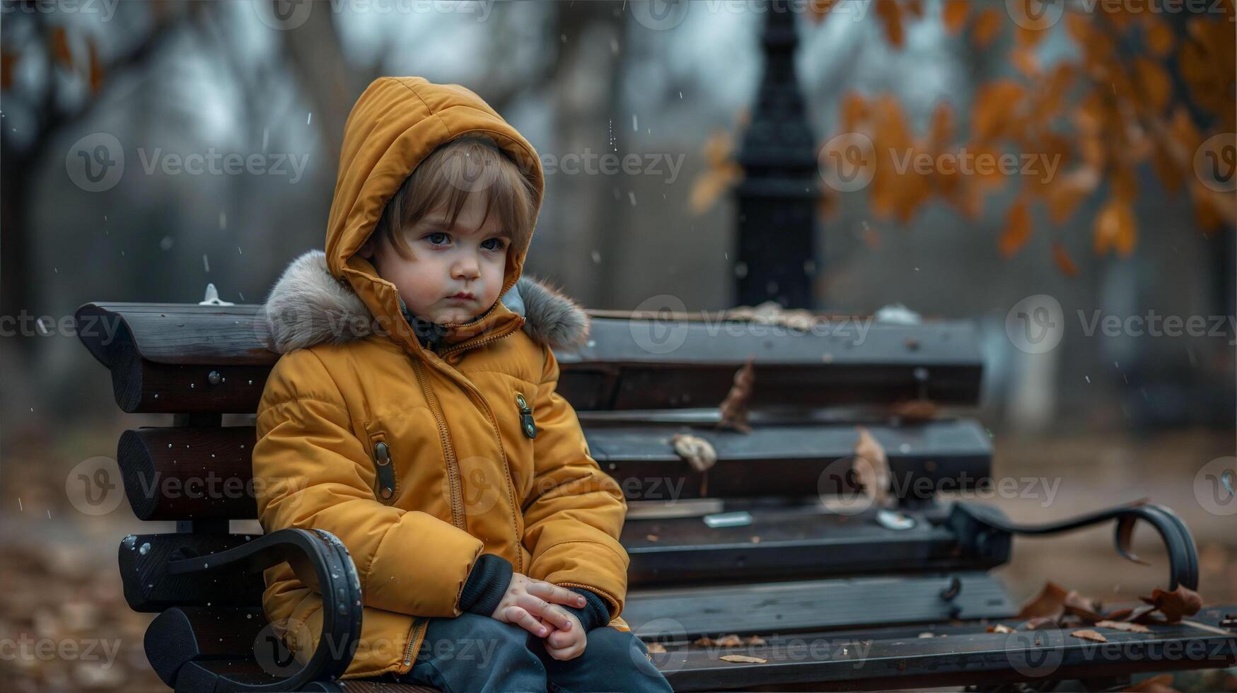 A little boy in a yellow jacket sitting on a bench photo