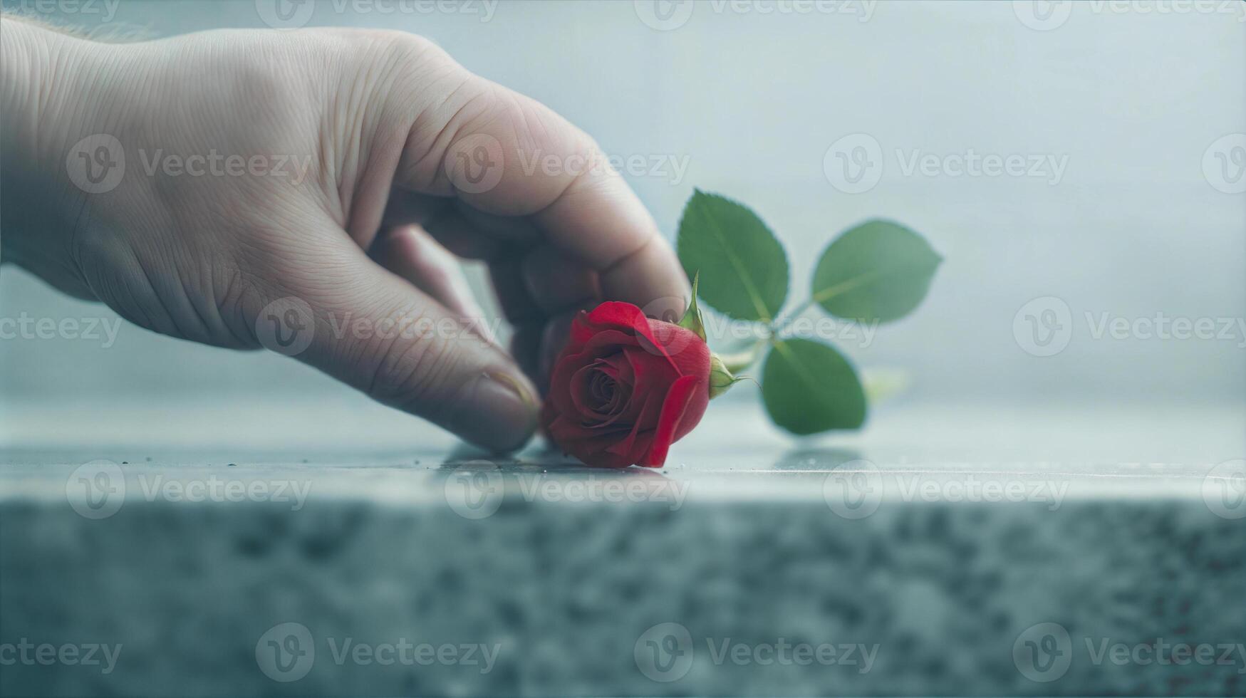 A hand holding a red rose on a table photo